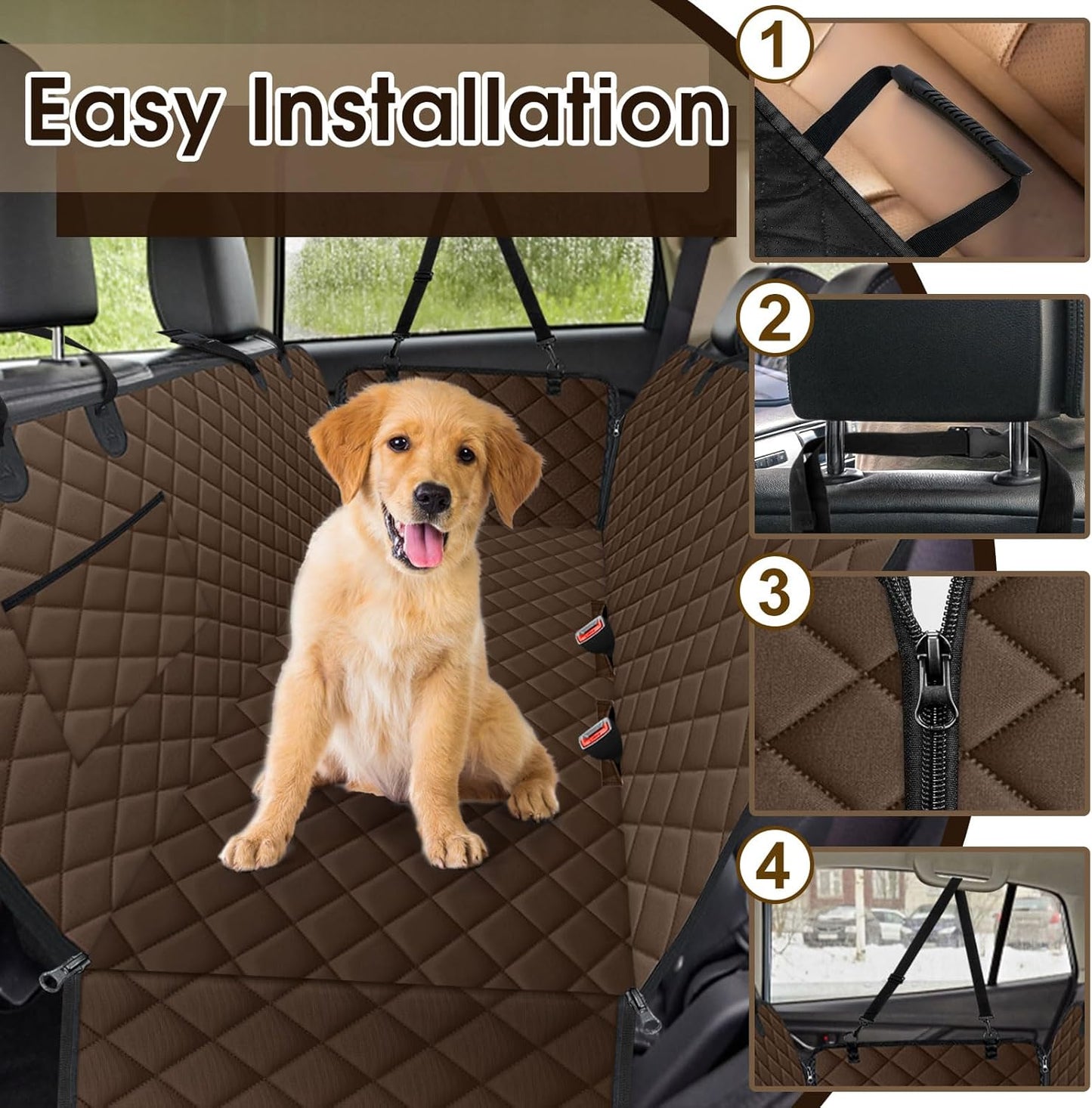 Waterproof Dog Car Seat Cover for Back Seat - Durable, Scratch Proof Pet Hammock with Nonslip Design & Storage Pockets, Fits Cars, SUVs, Trucks - L, Coffee/Black