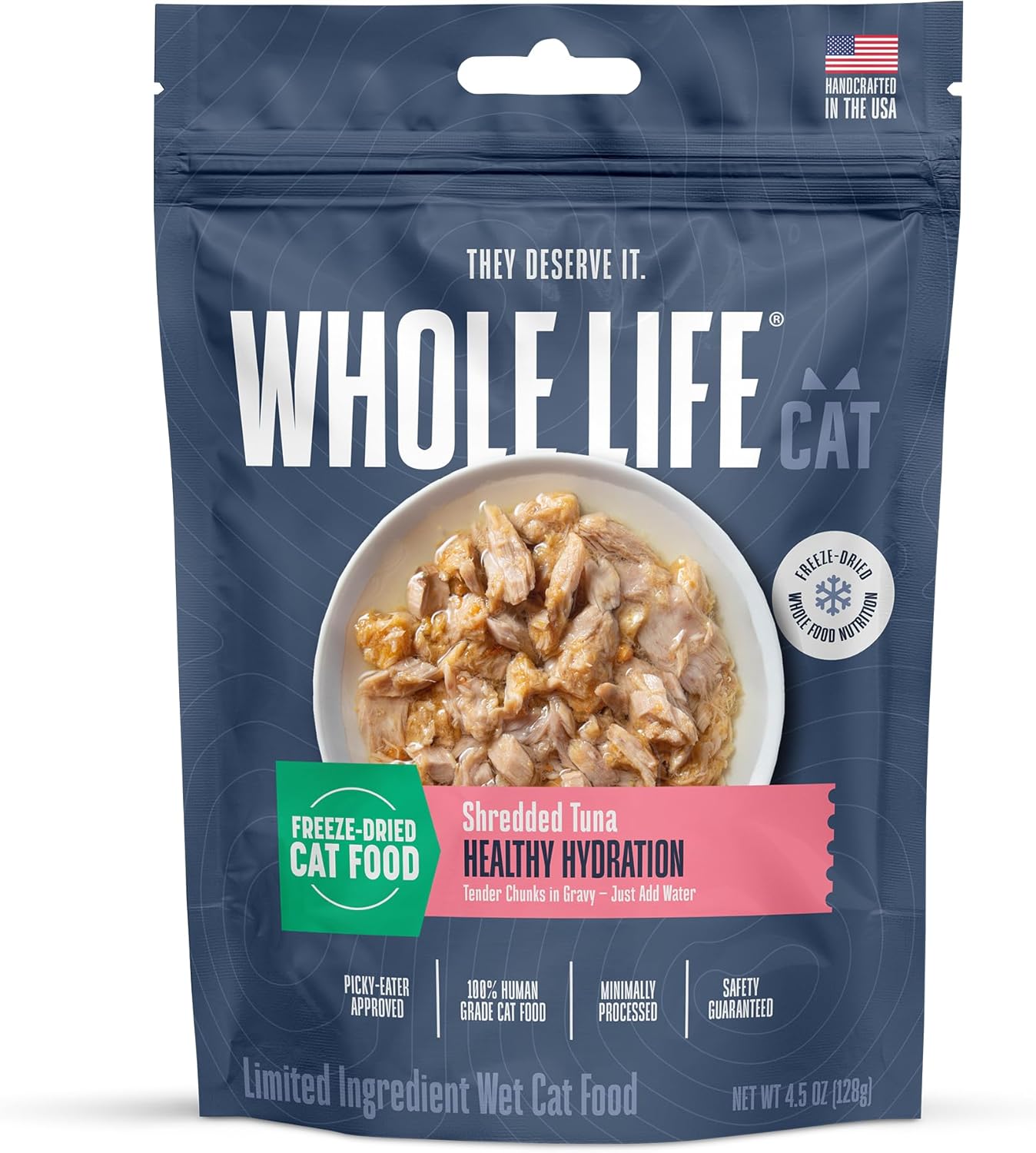 Whole Life Cat Freeze Dried Cat Food - Human-Grade Wet Food Toppers, Single Ingredient Snacks & Lickable Treats, Instantly Hydrating Natural Broth Just Add Water, Made in USA - Shredded Tuna, 3 Oz
