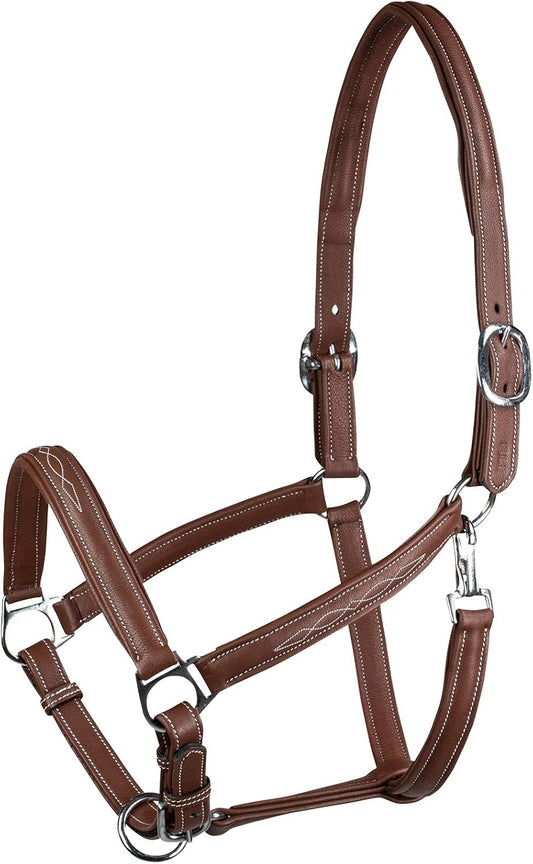 HORZE Warren Soft Adjustable Genuine Leather Horse Halter | Stainless Steel Hardware - Light Brown - Warmblood