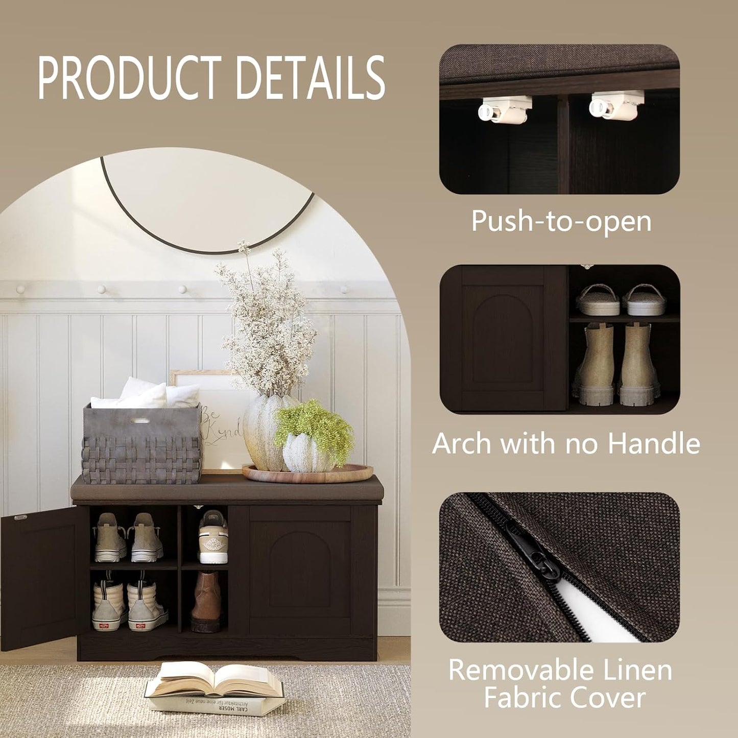 DINZI LVJ Shoe Bench, Entryway Storage Bench with Doors, Cushion, 2-Tier Shoe Rack with 6-Cubby, 31.5”L x 13.8”W Shoe Organizer Cabinet, Adjustable Shelf, Living Room, Bedroom, Espresso