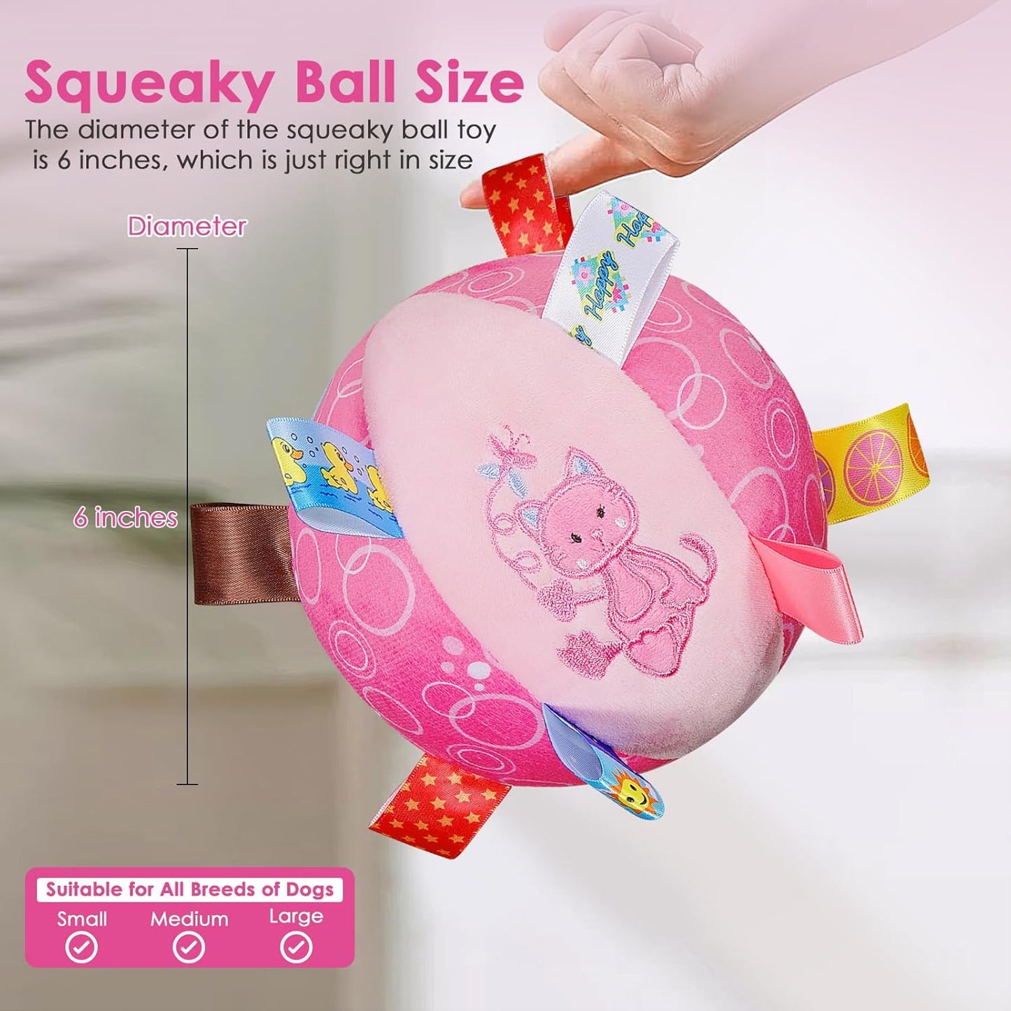 Dog Squeaky Plush Toy with Straps, 6-Inch Soft Stuffed Ball with Cotton Material and Bell Built-in, Pet Interactive Fetch Toy for Small to Large Dog