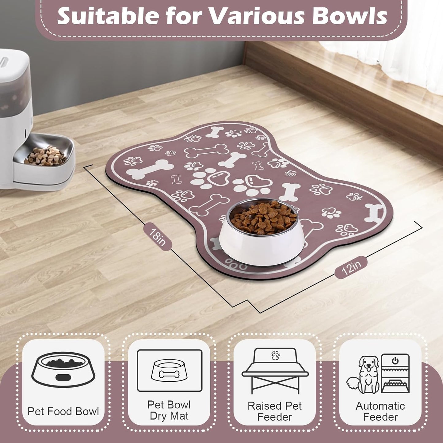 Dog Cat Mat for Food and Water,Rapid Absorbent Pet Feeding Mat, Bone Shaped Dog Placemat Bowl Mat with Rubber Backing,No Stains Pet Food Mats Indoor, Pet Accessories Supplies,Brown 12"×18"