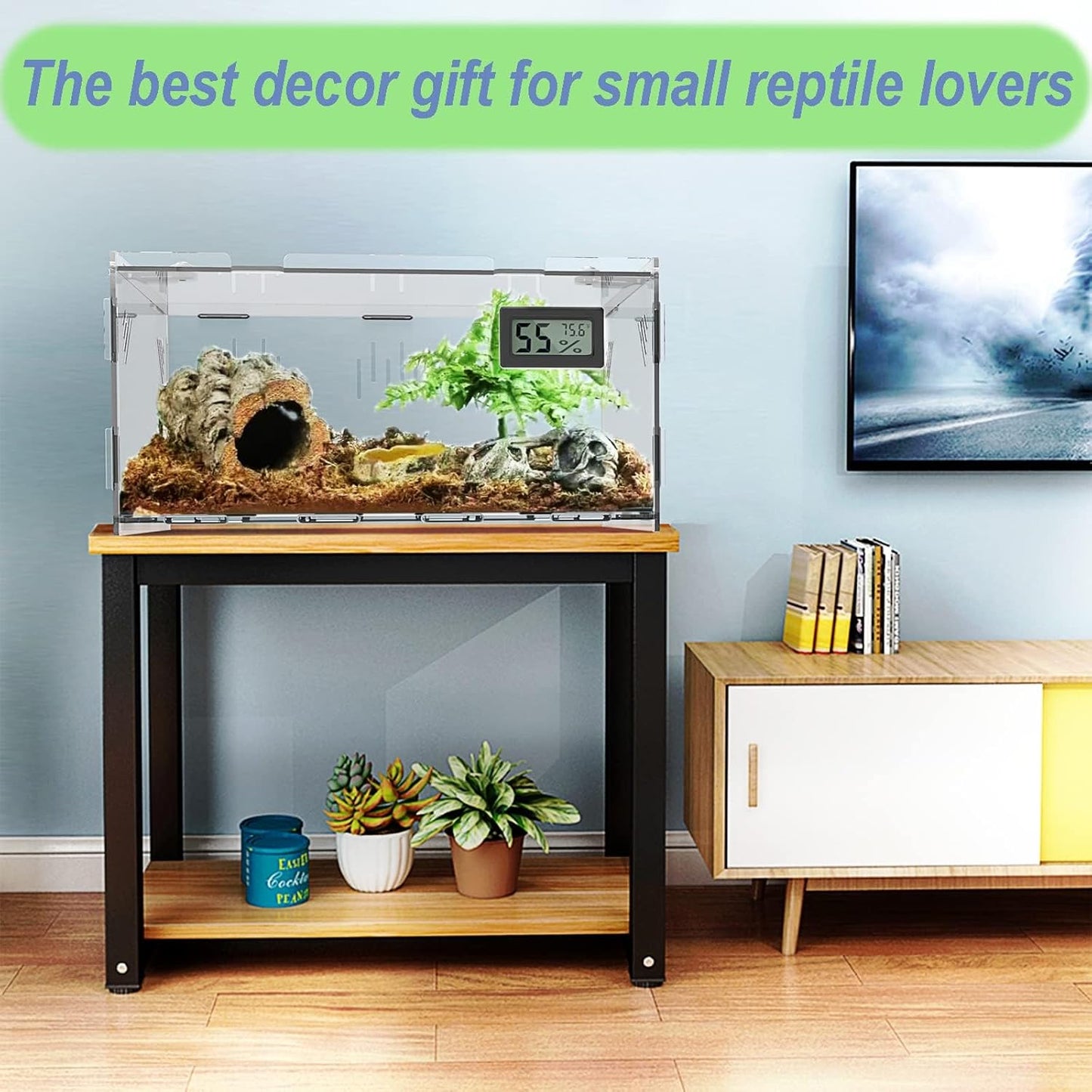 Reptile Terrariums, with Temperature Hygrometer, 15.7"x9.9"x7.1"Acrylic Reptile Breeding Box Terrarium Cage Tank for Small Reptile Insect Home Office