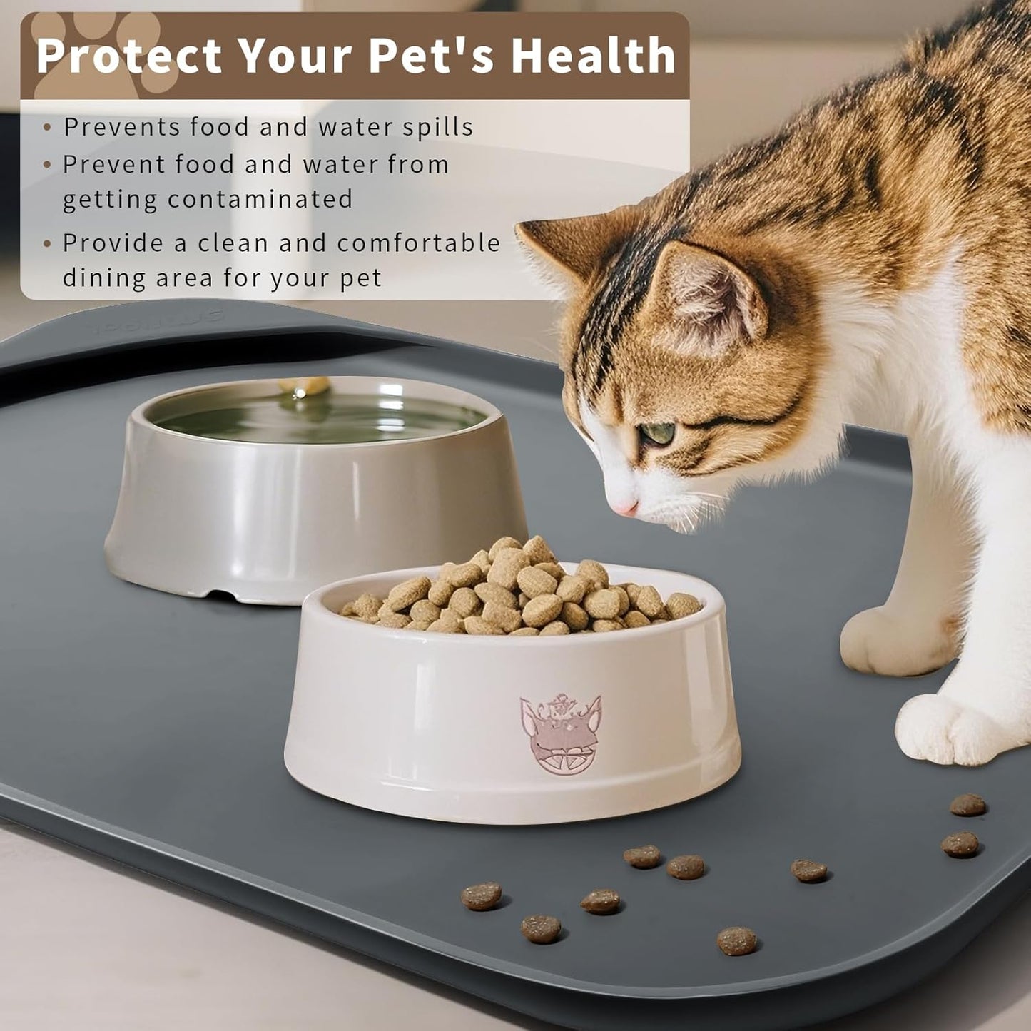 Silicone Pet Feeding Mat with Raised Edge & Residue Collection Pocket for Food and Water, Dog Bowl Mats, Cat Bowls Placemat with High Lip for Floor Waterproof, 19 x 12 x 0.7 Gray