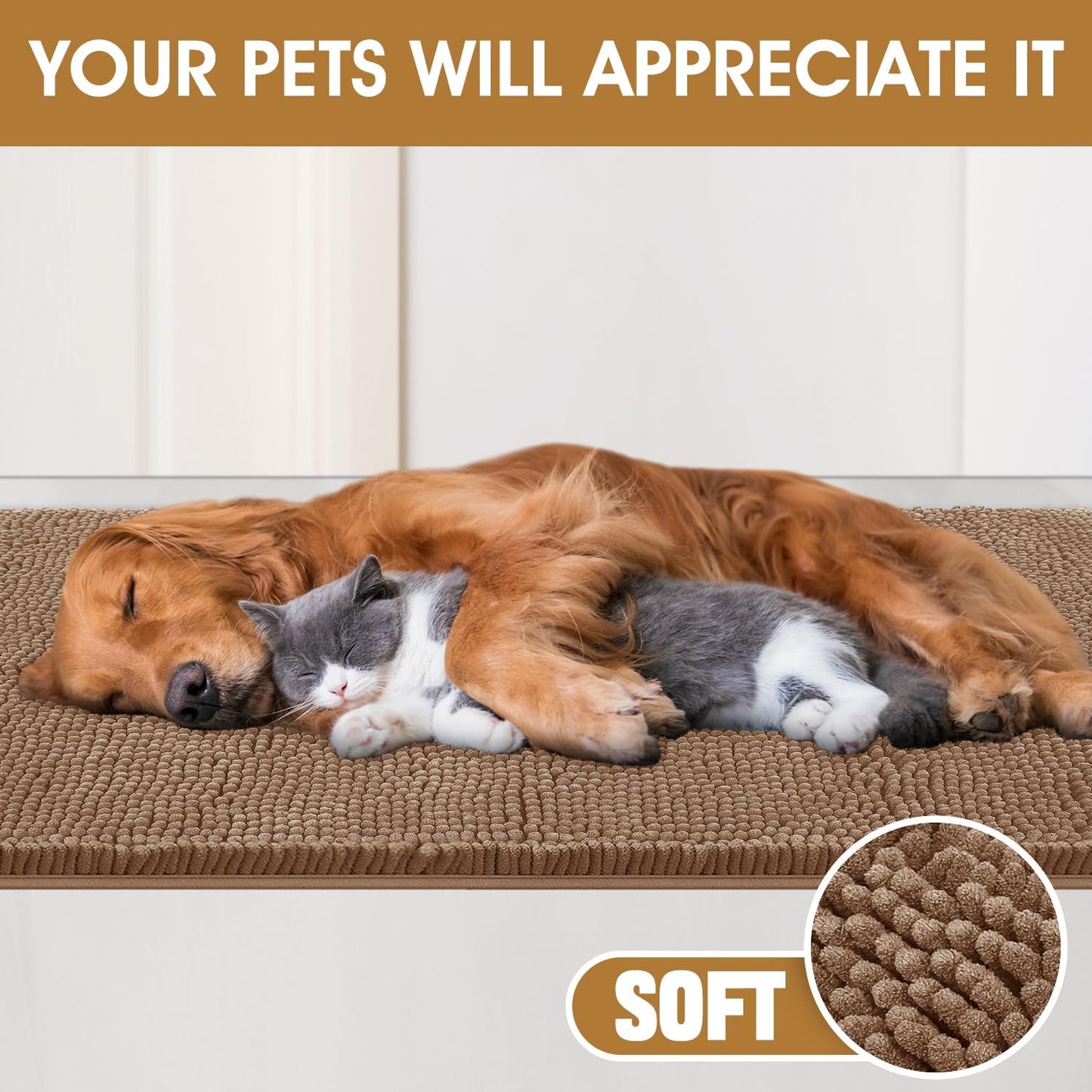 Extra Large Dog Door Mats for Muddy Paws, Chenille Absorbent Dog Mats, Non Slip Heavy Mud Mat for Dogs, Soft Pet Mat for Entryway, Mud Paws, Inside Floor,60" x 36", Camel