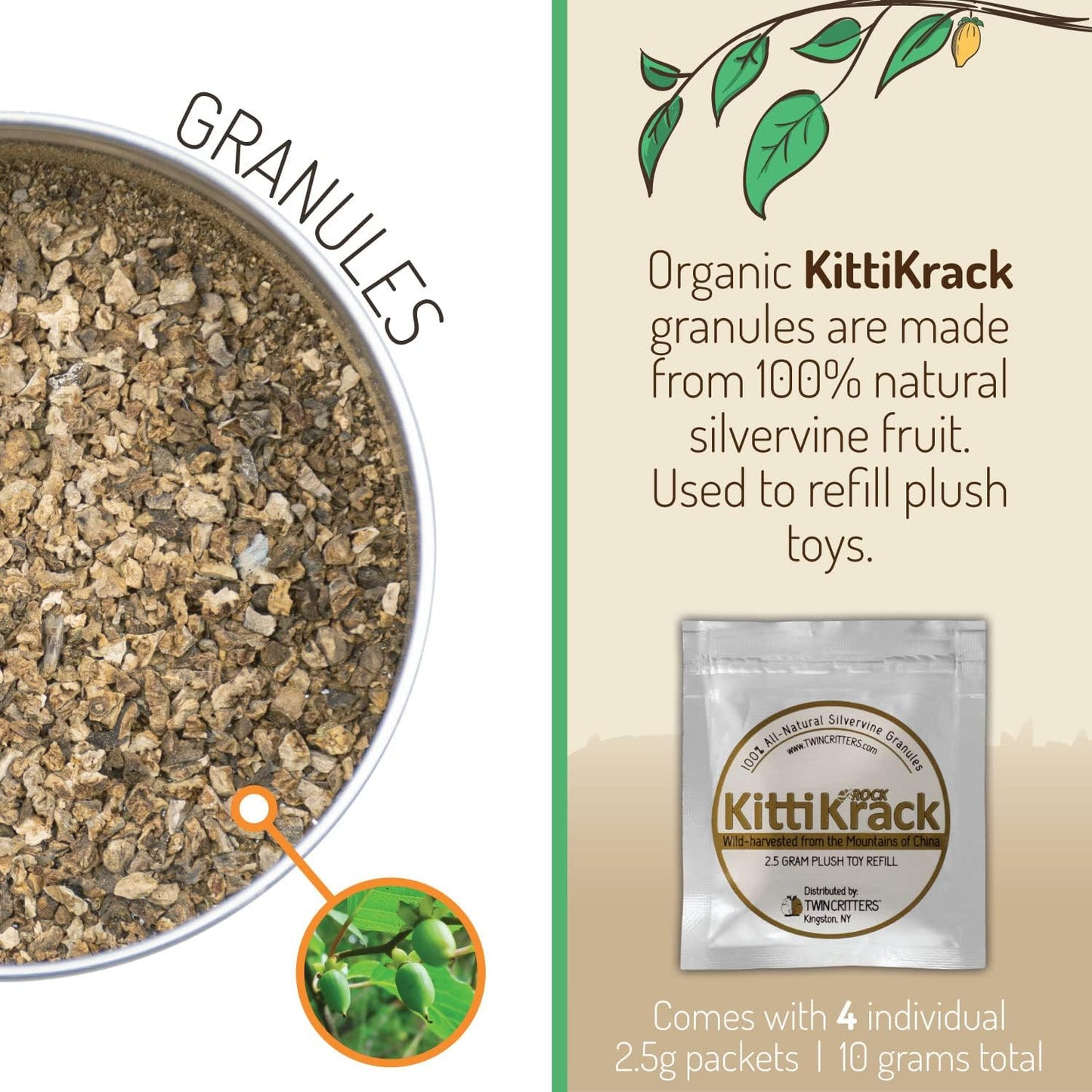 KittiKrack Rock Organic Silvervine Catnip Substitute for Cats & Kittens | All-Natural Wild Harvested Silvervine Granules | 4 Refills for TWINCRITTERS Refillable Plush Cat Toys | 10g