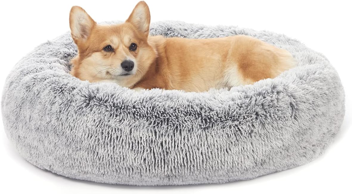 Bedfolks Calming Donut Dog Bed, 30 Inches Round Fluffy Dog Beds for Medium Dogs, Anti-Anxiety Plush Dog Bed, Machine Washable Pet Bed (Dark Grey, Medium)