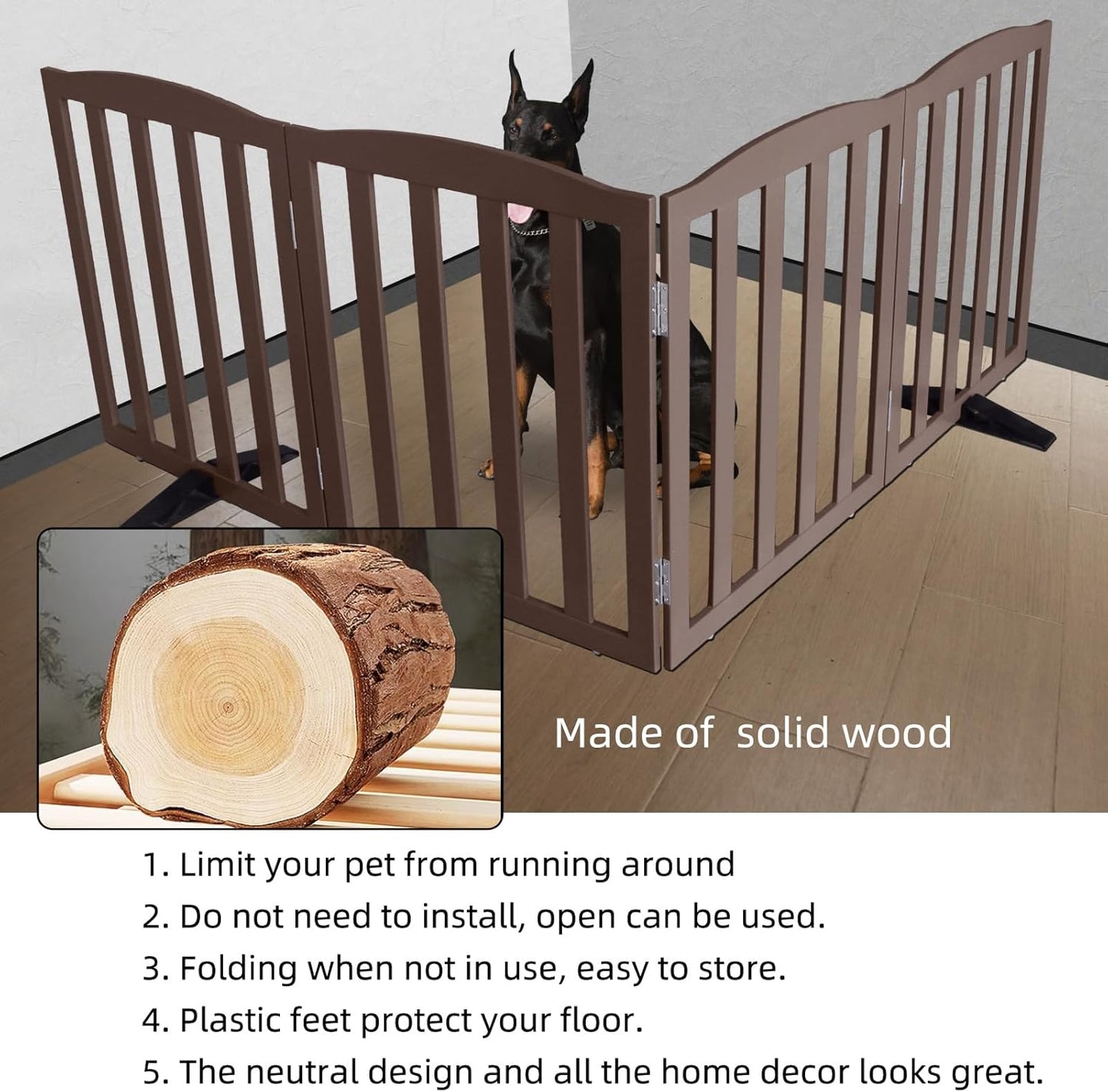 ZJSF Foldable Freestanding Indoor Dog Gate for House Wood Long Pet Gates Dog Fence for Stairs Puppy Gates for Hallways, Puppy Gate,Support Feet Included, Brown, 24 "Height-4 Panels