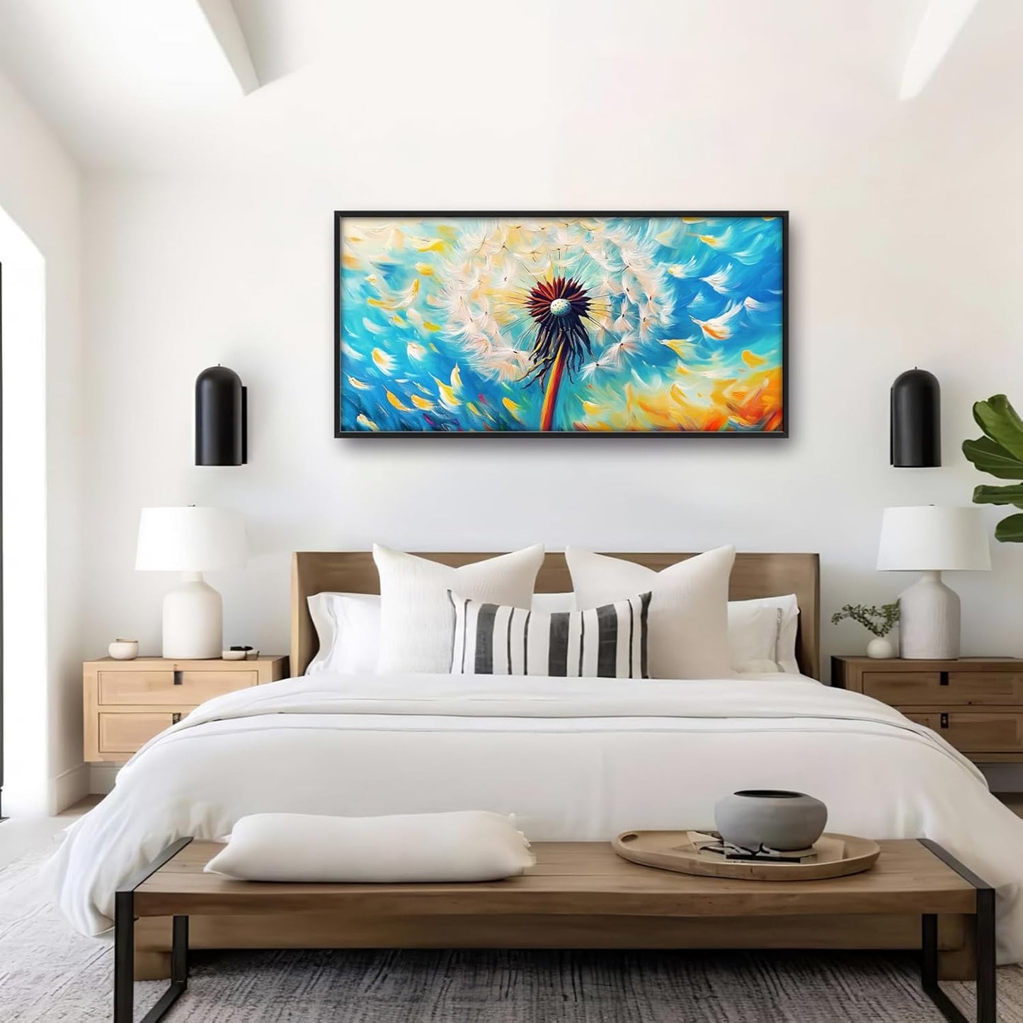 Extra Large Abstract Dandelion Framed Wall Art for Living Room,Oversized Colorful Dandelion Flower Pictures Wall Decor,Blue Canvas Print Painting Modern Artwork Bedroom Office Bathroom 60L" x 30W"