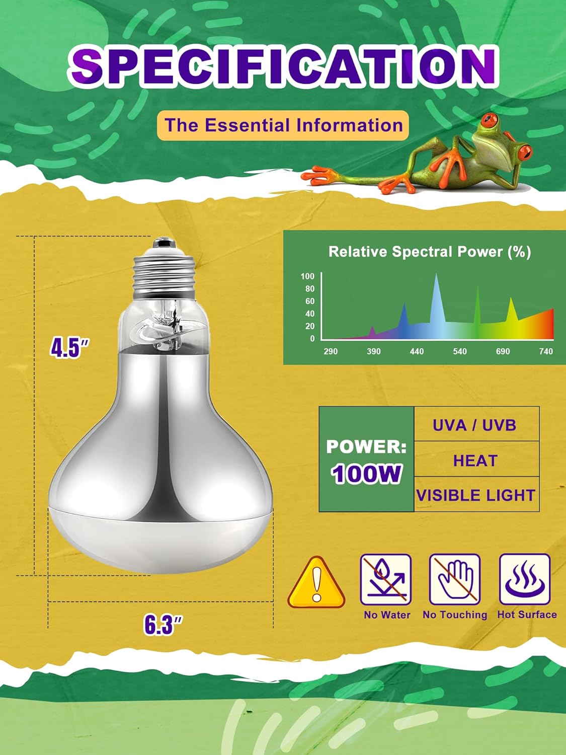 Heat Lamp Bulb, 100 Watt Full Spectrum UVA UVB Reptile Heat Bulb, Basking Spot Light, Simulate Natural Sun Light for Reptile and Amphibian