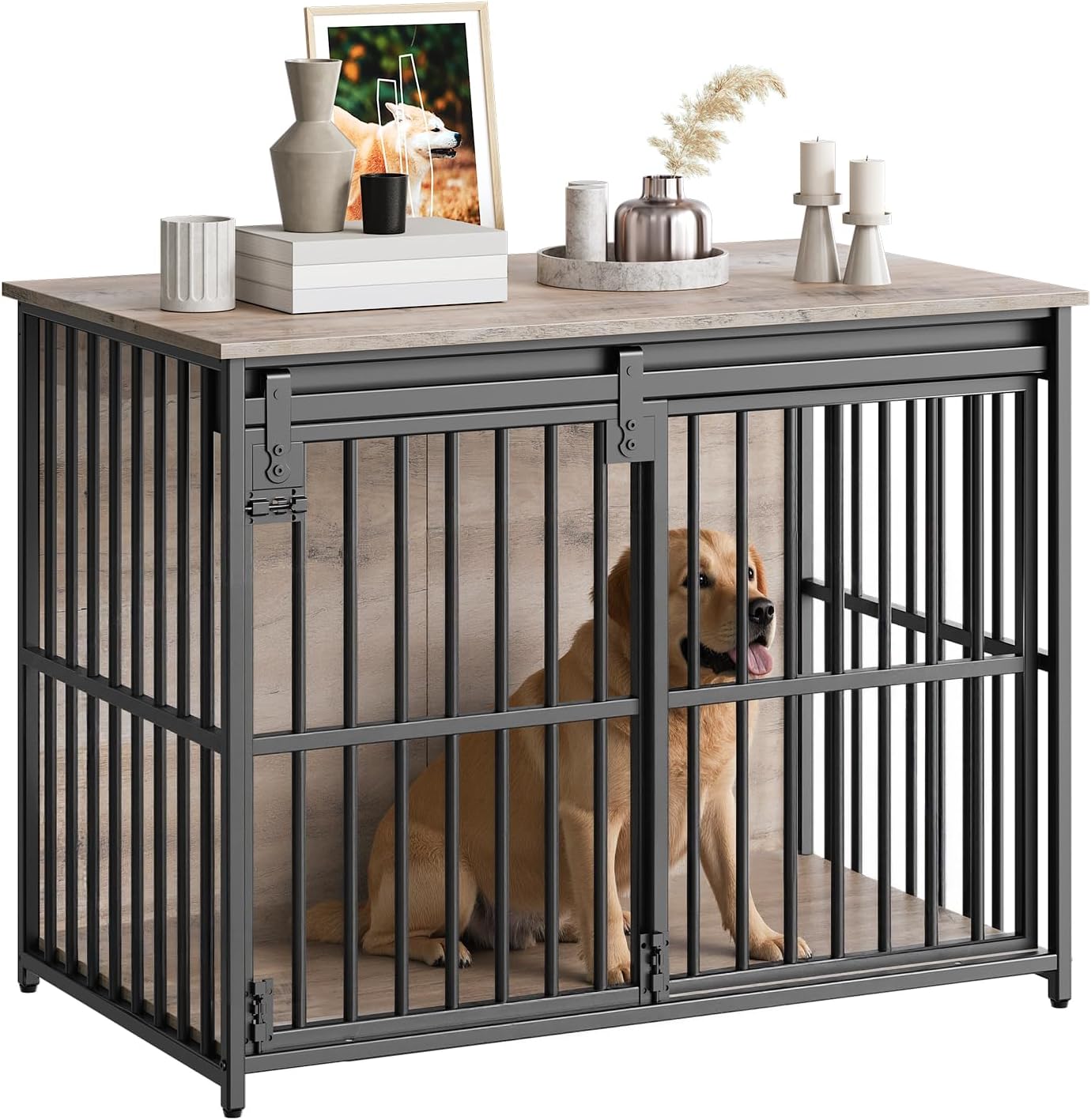 HOOBRO Dog Crate Furniture, 36.6" Heavy Duty Dog Kennel with Sliding Barn Door, Wooden Dog Cage Indoor, Decorative Side End Table for Small/Medium Dogs, Greige and Black GY162GW03G1