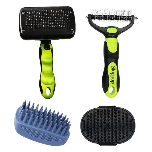 Dog Brush Kit for Grooming Short & Long Haired Dogs & Cats, 4-in-1 Pet Grooming Set with Self-Cleaning Slicker Brush, Deshedding Tool, Shampoo Bath Comb, Massge Comb (Green Black)