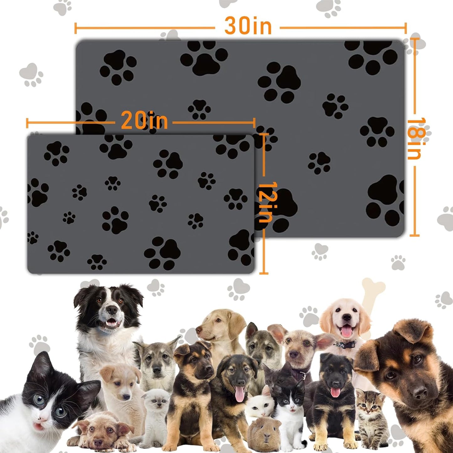 Pet Feeding Mat-Cat Dog Mat for Food and Water Bowl, Absorbent Quick Dry Food Mat Anti-Slip No Stains Dog Placemat with Footprints for Messy Drinkers,12"x20"Dark Grey