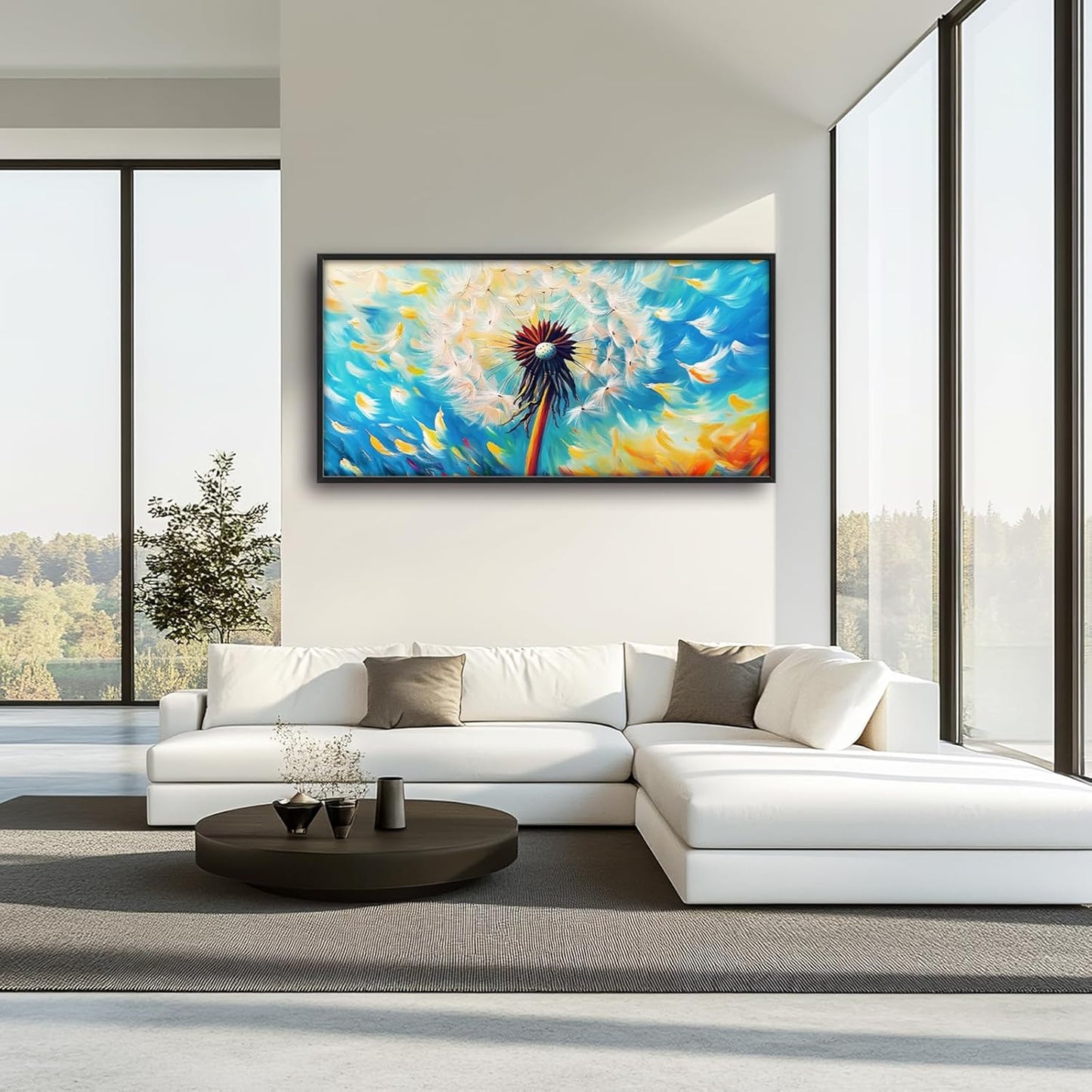 Extra Large Abstract Dandelion Framed Wall Art for Living Room,Oversized Colorful Dandelion Flower Pictures Wall Decor,Blue Canvas Print Painting Modern Artwork Bedroom Office Bathroom 60L" x 30W"