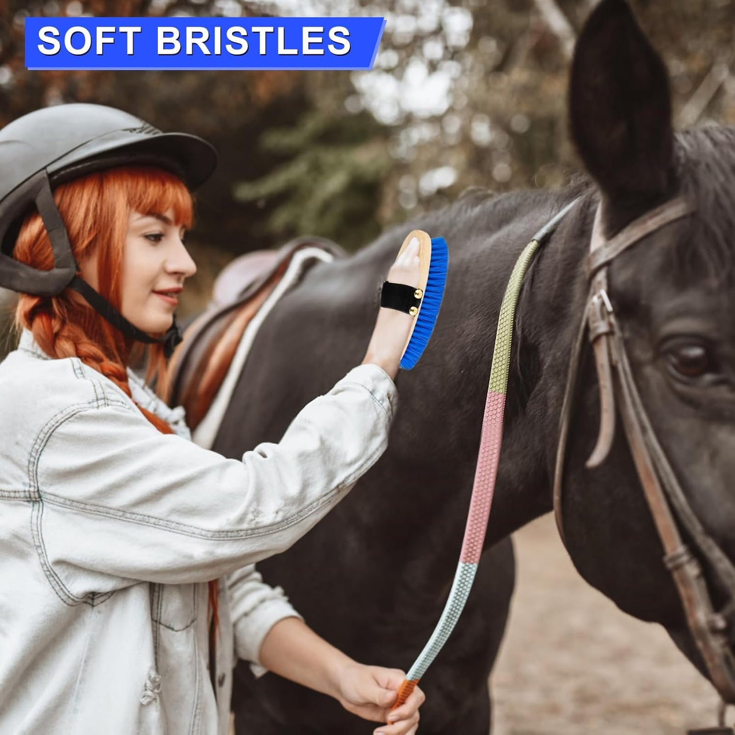 9 Pieces Grooming Kit with Tote Bag - Horse Brush Set, Sweat Scraper, Sponge, Hoof Pick, Curry Comb for Riders and Beginners (Blue)