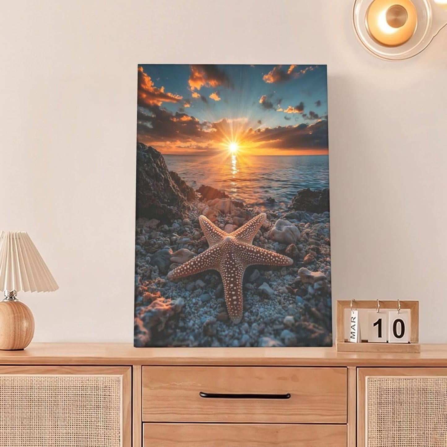Beach Starfish Wall Decor Ocean Starfish Wall Art Sunset Scenery Coastal Theme Pictures Canvas Nature Seascape Painting Print Framed Artwork Decorations for Home Bathroom Living Room Bedroom Office 16"x24"