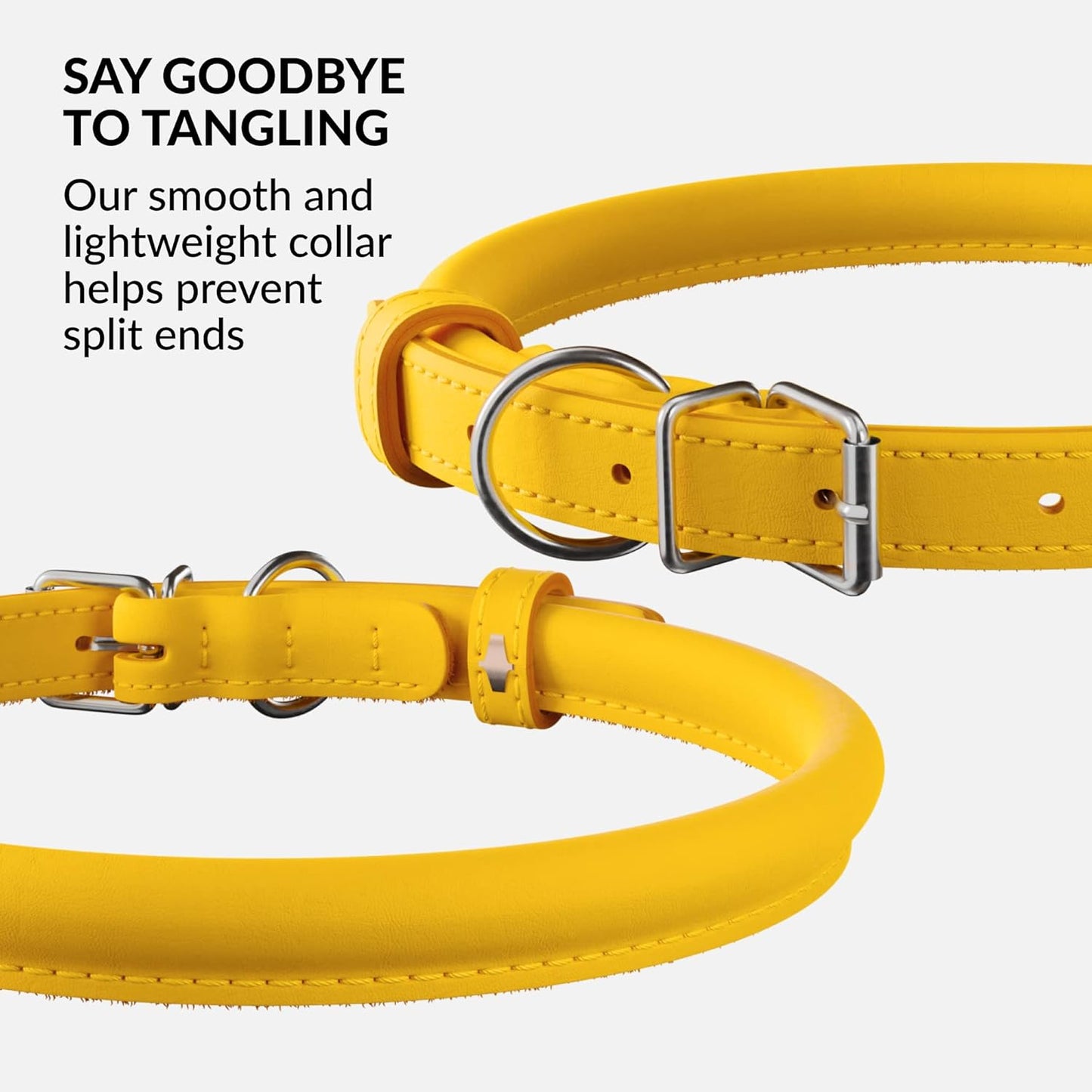 CollarDirect Rolled Leather Dog Collar, Soft Padded Round Puppy Collar, Handmade Genuine Leather Collar Dog Small Large Cat Collars 13 Colors (15-19 Inch, Yellow Smooth)