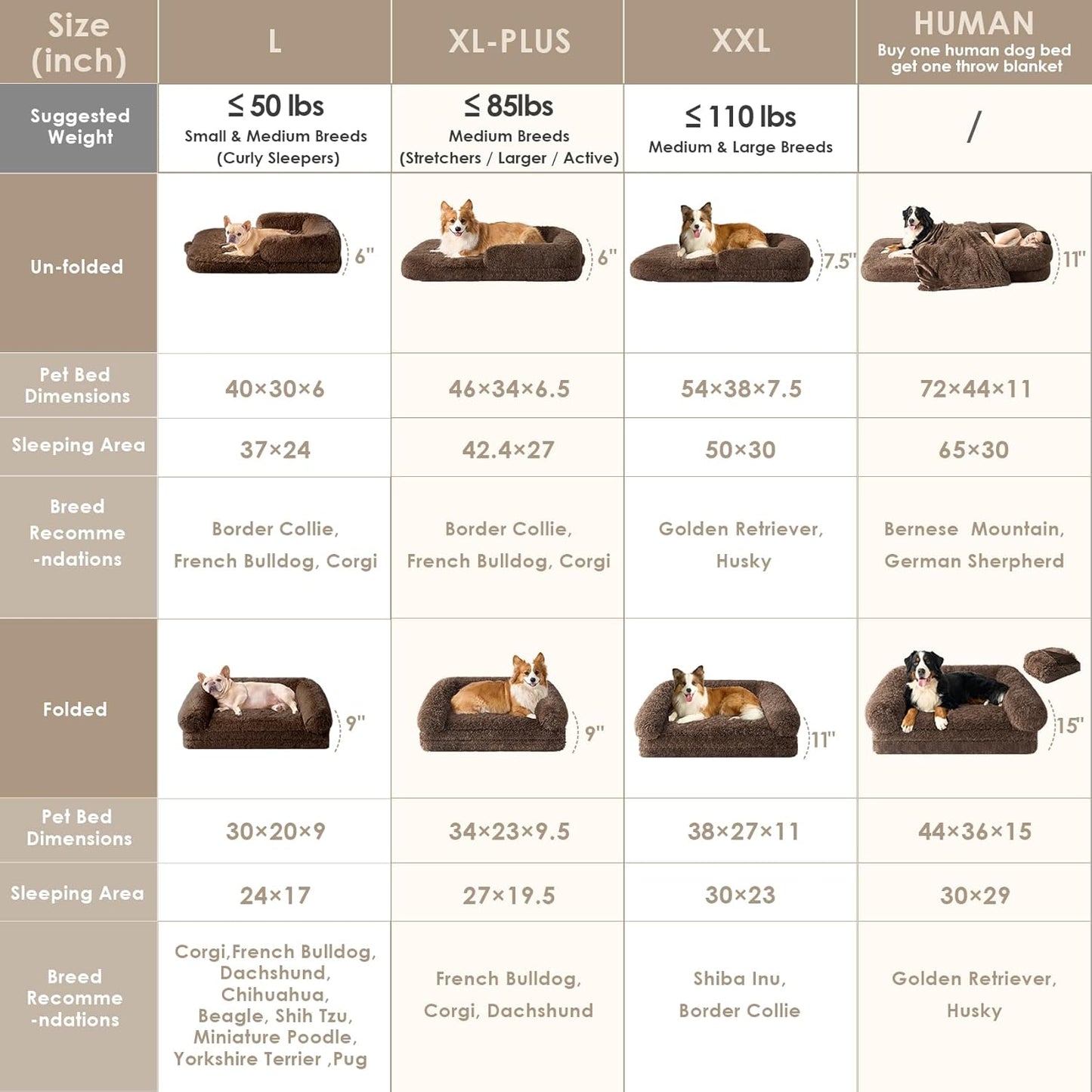 EHEYCIGA Foldable Human Dog Bed, Orthopedic Memory Foam Human Sized Dog Bed, Waterproof Pet Bed for People, Faux Fur Pet Couch for Adult, Brown, 72"x44"x11"