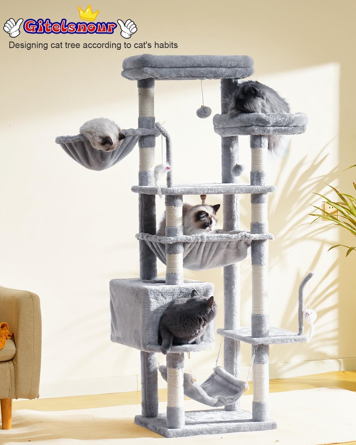 Cat Tree, Cat Tower for Large Cats with 2 Big Platforms, 2 Baskets, condo and Toys, 63" Cat Scratching Posts for Indoor Cats, Light Gray GCT020W