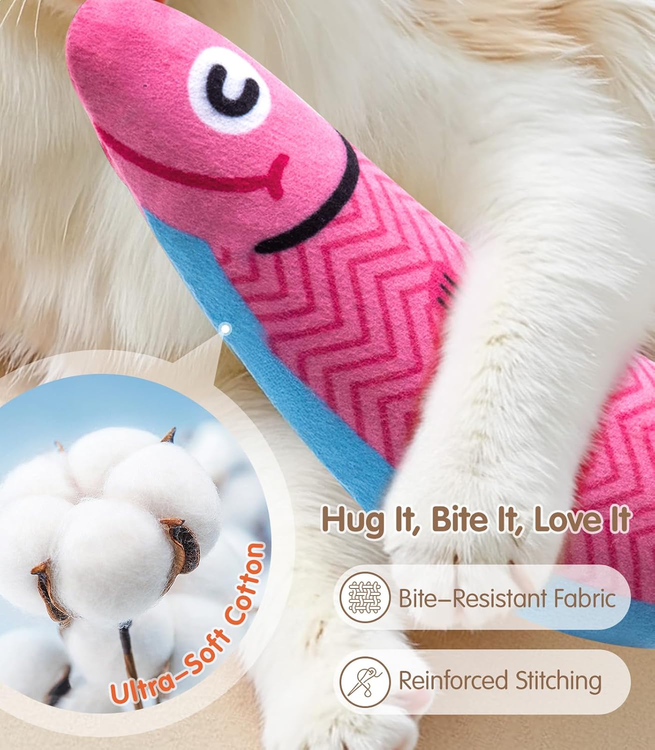 Cat Toys with[5000mg A+Natural Catnip &Silvervine] [Baby Grade] Interactive Soft Chew Kicker Cat Toys for Indoor Cats & Kittens, [Crinkle &Bell] Fish Sound Toy,Drives Bored Cat Crazy with Fun