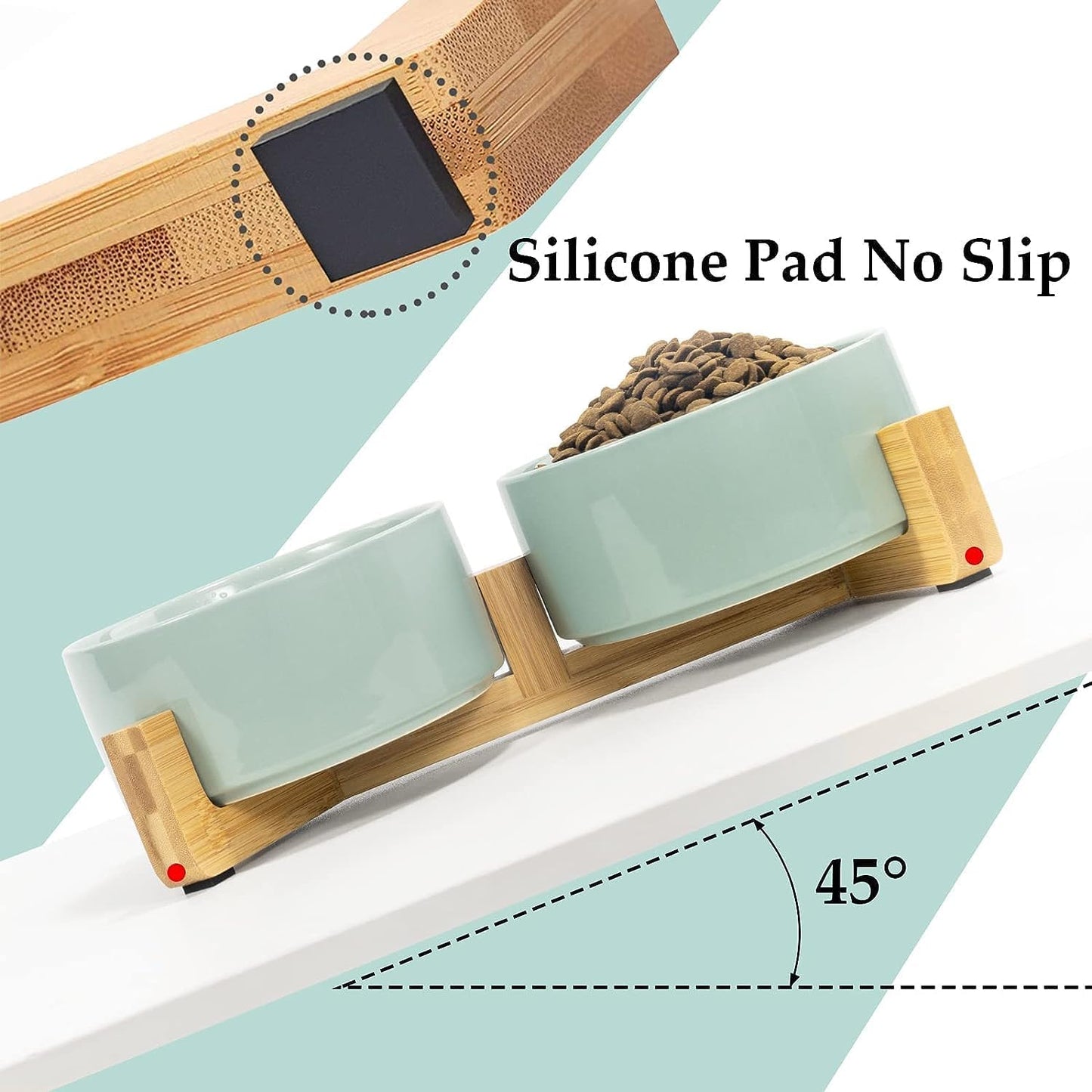 SPUNKYJUNKY Ceramic Dog and Cat Bowl Set with Wooden Stand, Modern Cute Weighted Food Water Set for Small Size Dogs (13.5OZ) & Medium Sized Dogs (28.7OZ) & Cats (3.6 Cups, 2 × Morandi Green)