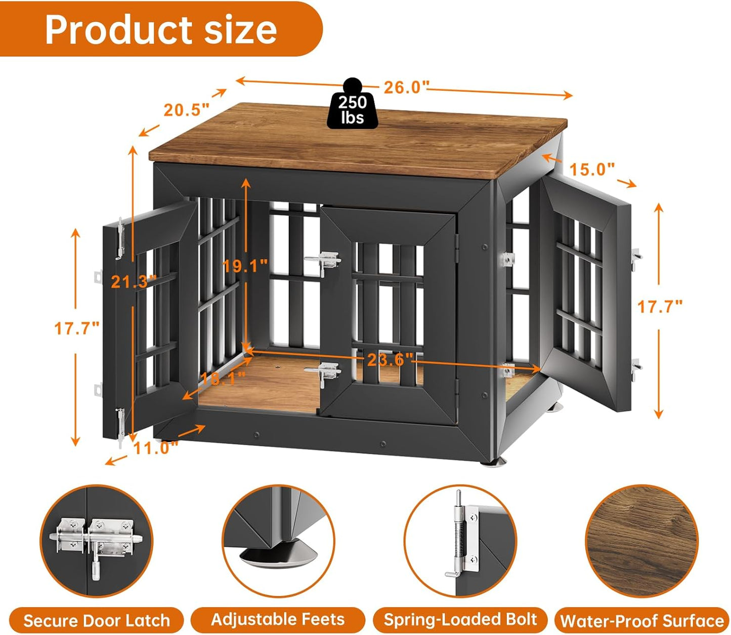 26" Heavy Duty Dog Crate Furniture for Small,Medium and Large Dogs,Rustic Wooden Dog Cage Kennel Indoor Furniture with Waterproof Top,Decorative Pet House Side End Table (Black & Wood)