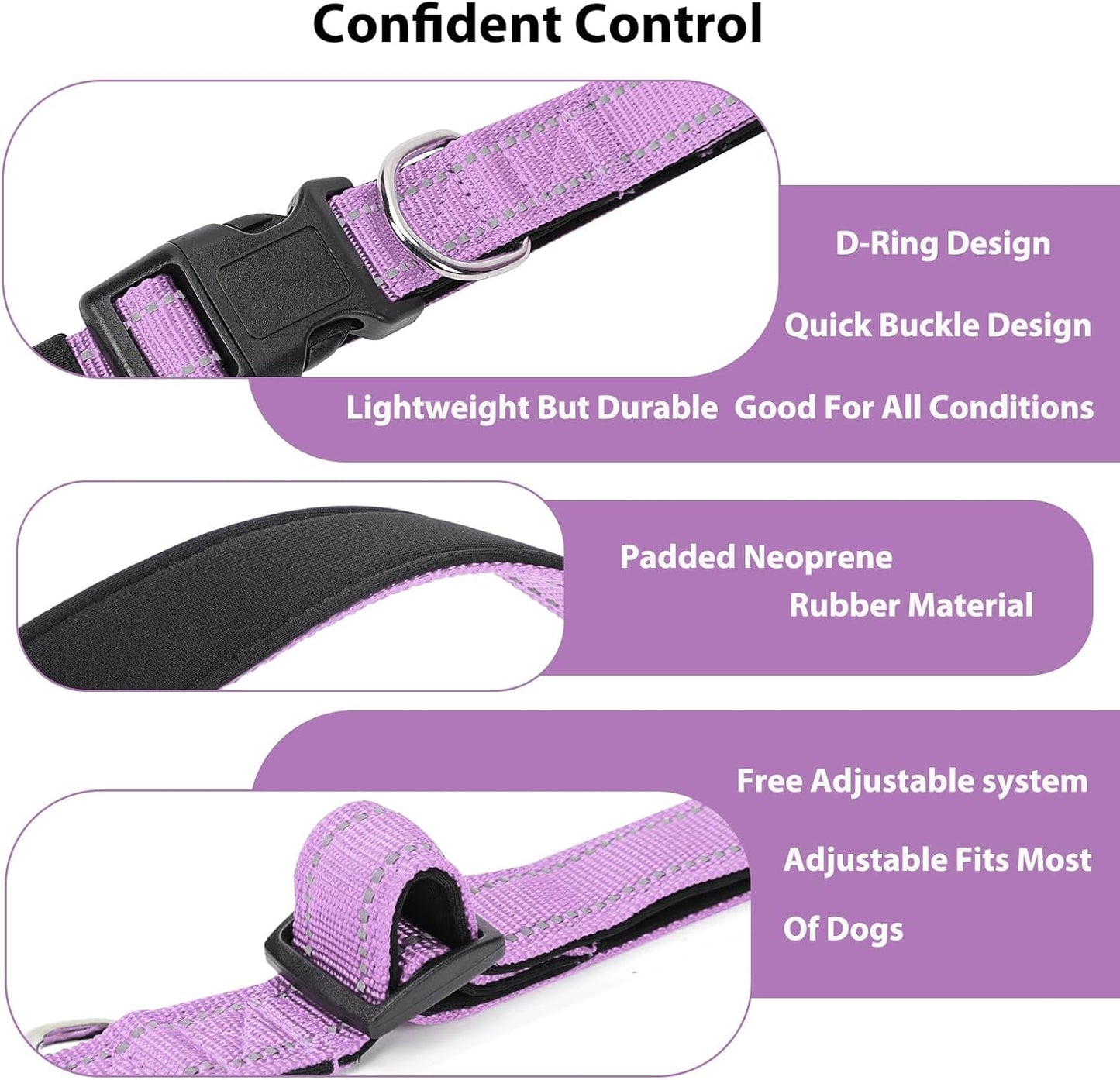 Reflective Dog Collar Padded with Soft Neoprene Breathable Quick Release Basic Dog Collars for Medium Large Dogs Lavender