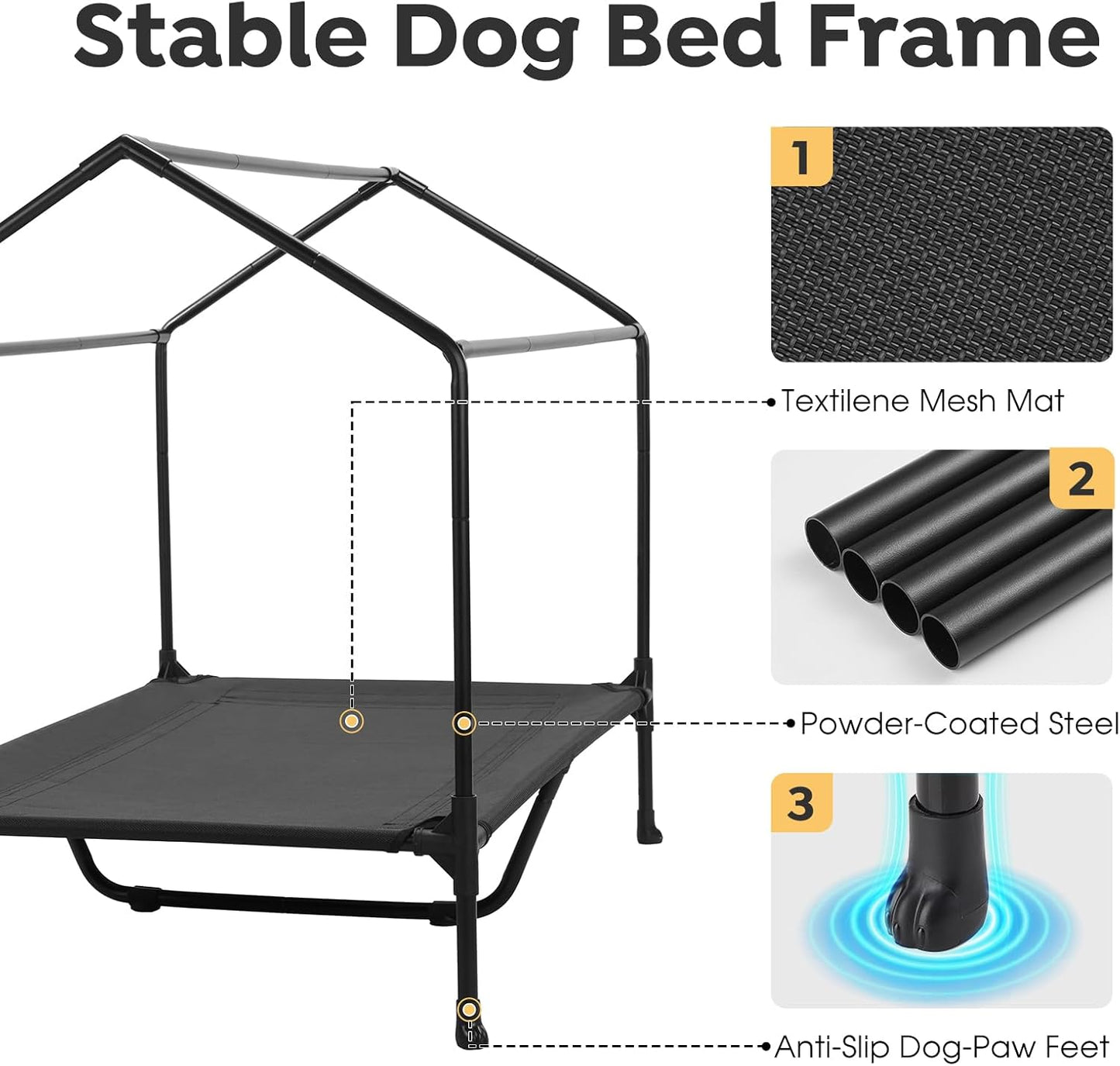 Veehoo 47" Dog House, 2-in-1 X-Large Dog House Outdoor Indoor Weatherproof, Outside Elevated Dog Cot Bed Dog Tent Shade, Three-Sided Breathable Mesh Windows and Sunshades, CWC2435CP