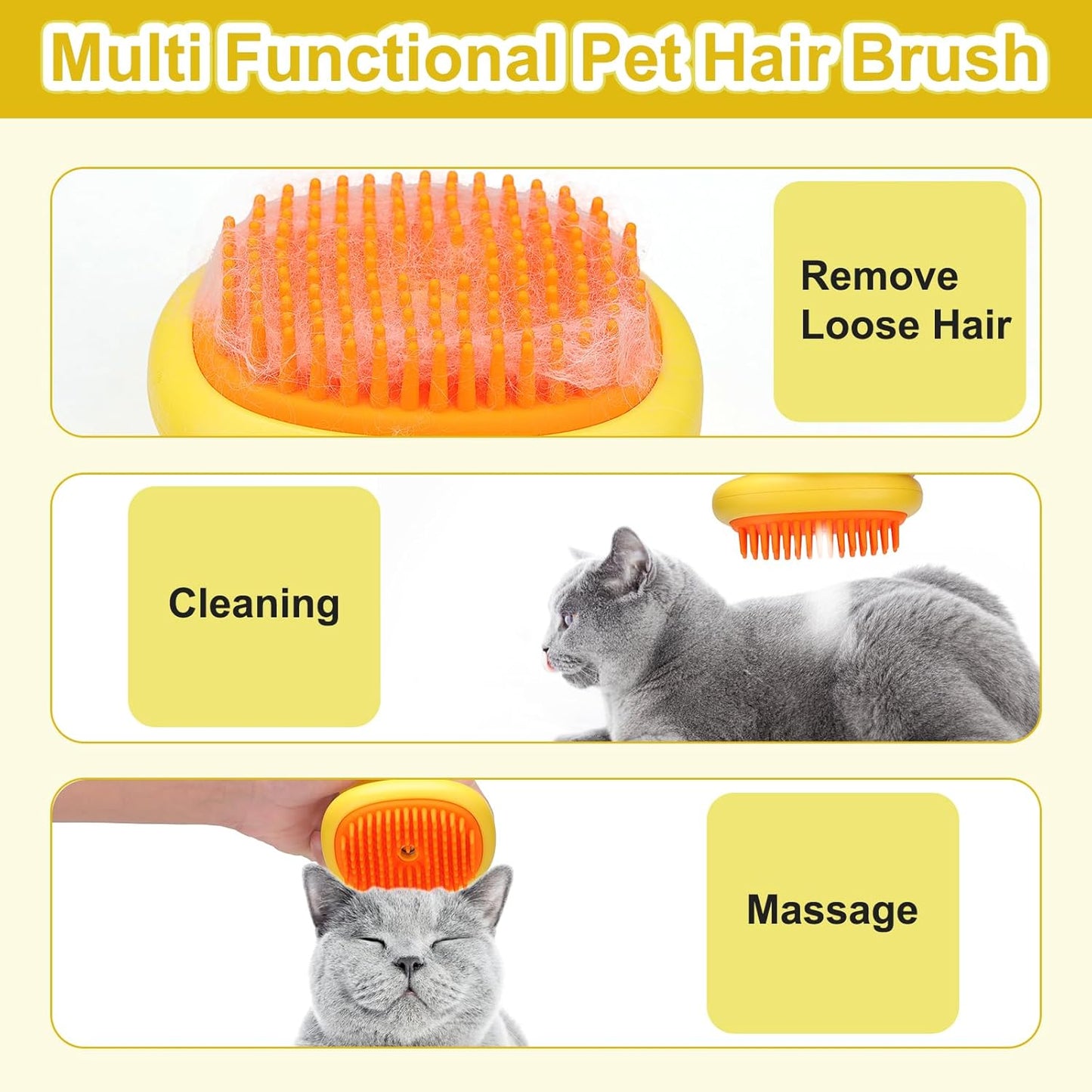 Cat Steam Brush, 3 in 1 Cat and Dog Grooming Brush for Shedding, Pet Hair Cleaning, Silicone Massage, Anti-Static Pet Spray Hair Removal Comb