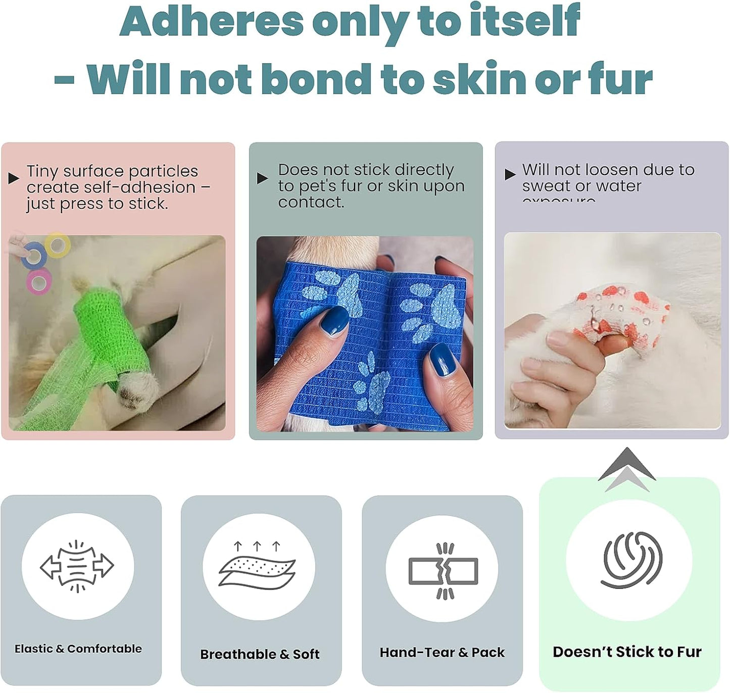 Pet Bandage 6 Rolls, Adhesive Bandage, Self Adhesive Bandage, First Aid Adhesive Gauze, for Horses, Dogs,Cats, Birds, Animals, (Solid Colors, 2 Inch (Pack of 6))