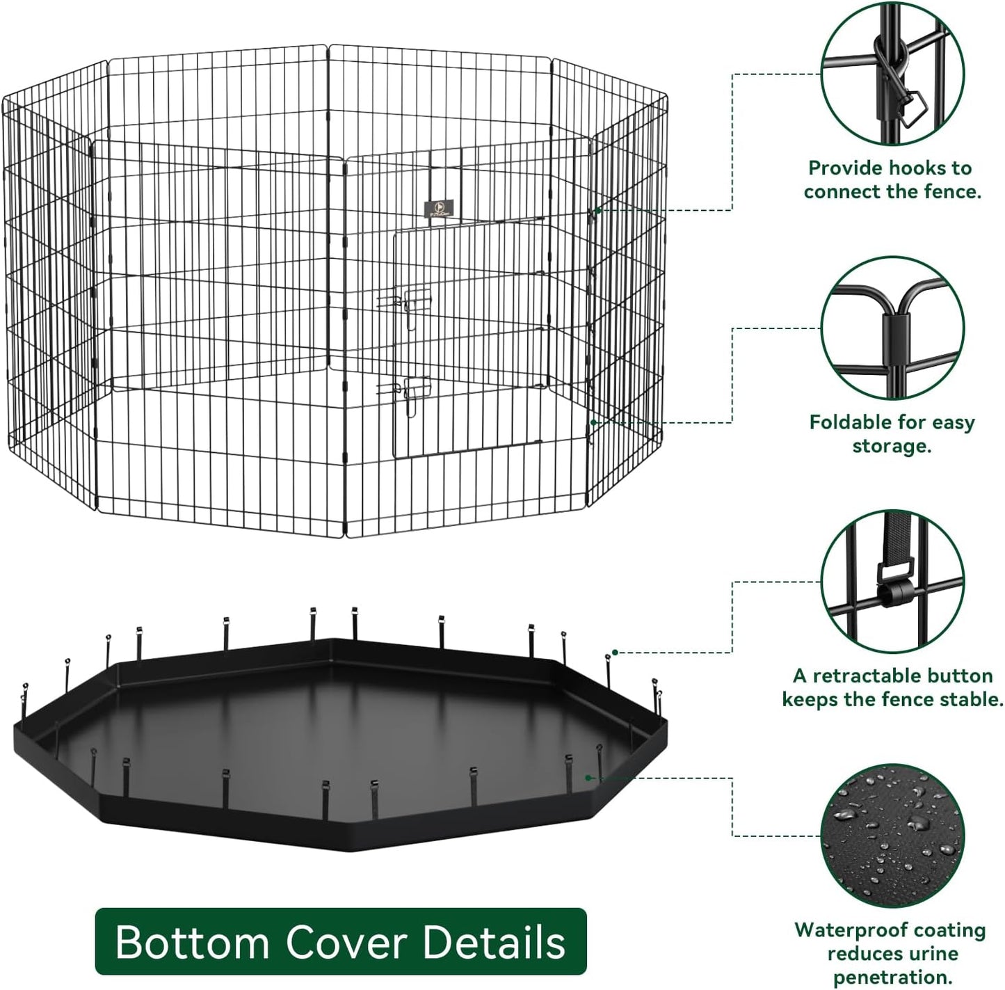 PJYuCien Dog Playpen, 8 Panels 36’’H Dog Pens Indoor with Bottom Pad, Metal Foldable Pet Puppy Exercise Fence Crate Kennel, Better for Medium Animals,Black
