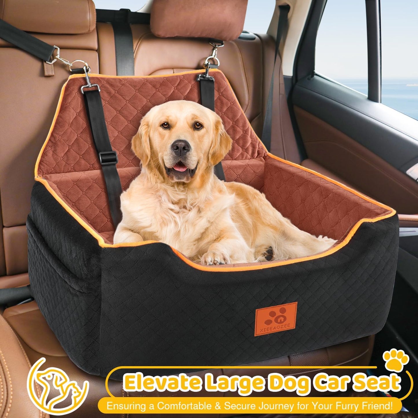 Dog Car Seat for Large/Medium Dog, Booster Seat for Dogs Under 55Lbs or 2 Small, Detachable and Washable Travel Pet Seat with Thick Cushion and Storage Pockets (Black/Brown)