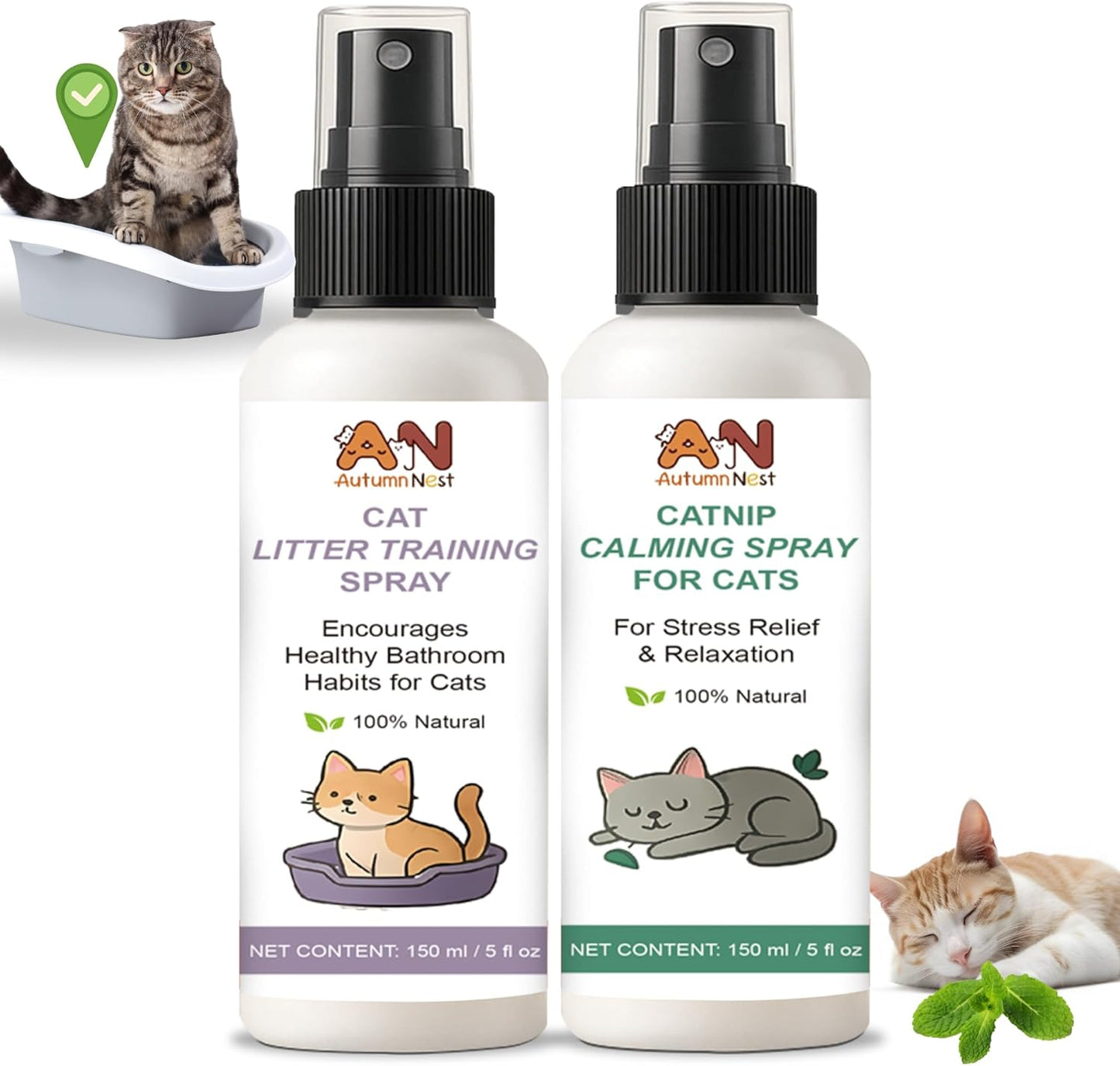 Cat Calming & Litter Training Spray Kit – 2-Pack 150ml Duo – Natural Catnip Calm Spray + Litter Box Attractant Spray – Safe Behavior Training Aid for Cats & Kittens