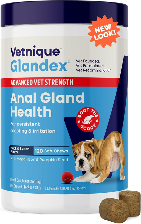 Vetnique Glandex Anal Gland Soft Chew Treats with Pumpkin for Dogs Digestive Enzymes, Probiotics Fiber Supplement for Dogs Boot The Scoot (Advanced Strength Duck/Bacon Chews (Vegetarian), 120 Ct)