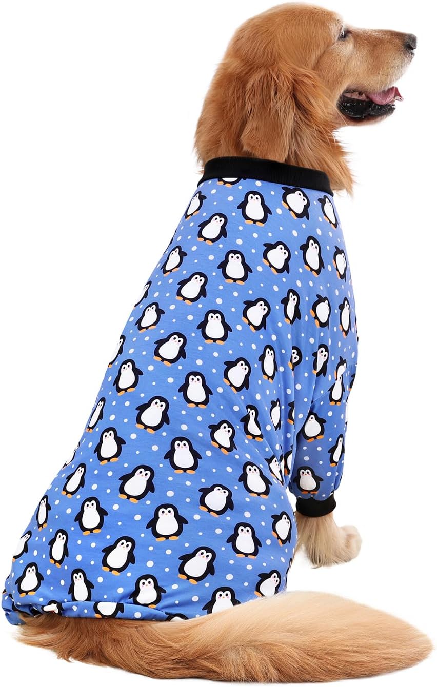 HDE Dog Pajamas One Piece Jammies Jumpsuit Pet Clothes Outfit Stretchy Lightweight Comfy Shirt Pjs for M-3XL Dogs Penguin Polka Dots - M