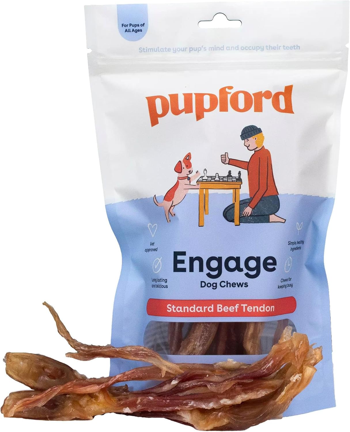 Pupford Standard Beef Tendon Chews for Dogs & Puppies, All-Natural Dog Chew with Glucosamine for Joint Health, Long-Lasting Toy, Great for Teething (10 Count)