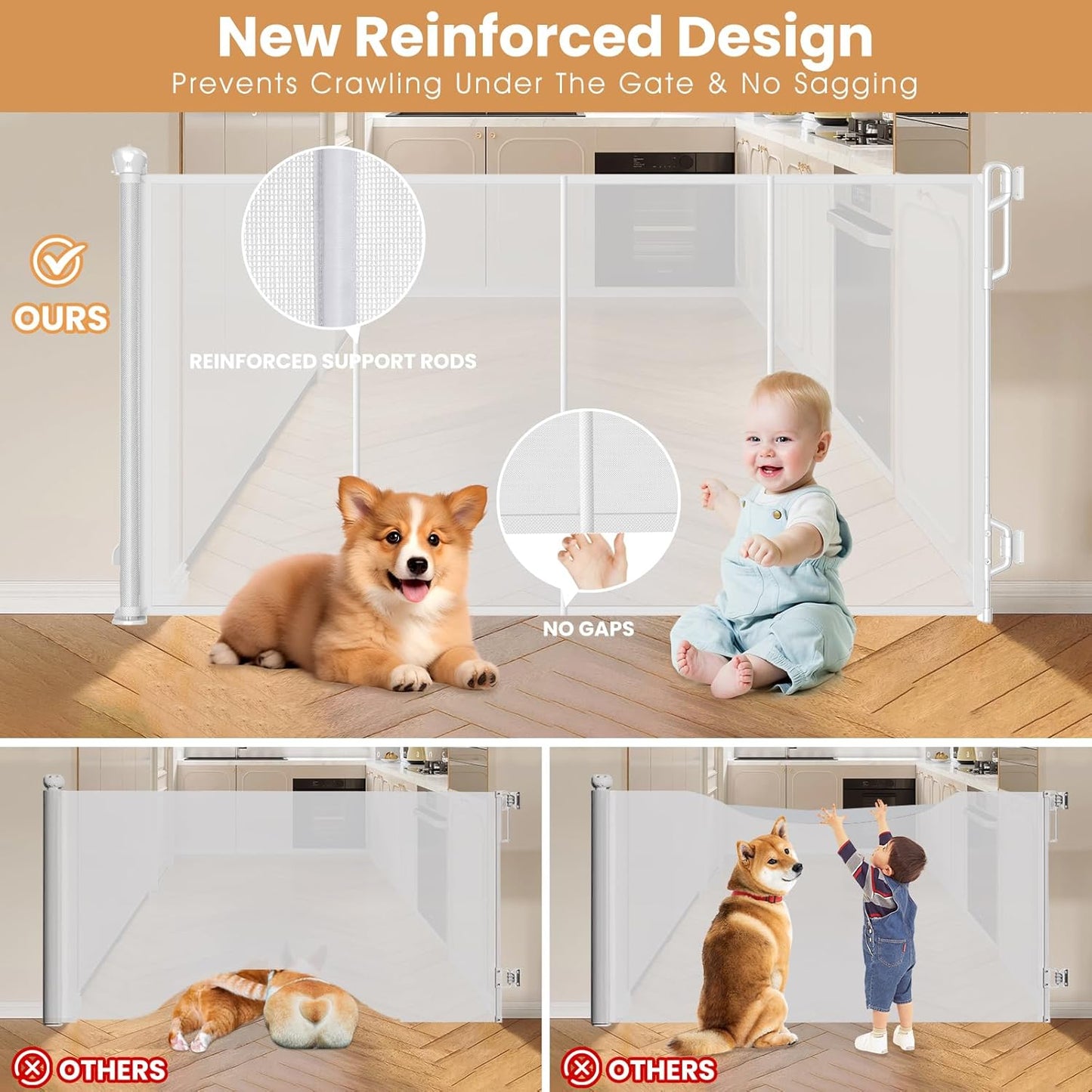 Reinforced Retractable Baby Gate or Mesh Dog Gate,Easy to Use for Stairs, Doorways, Hallways, Indoor, Outdoor, Wide Pet Gate 33.5" Tall, Extends to 45" Wide, White