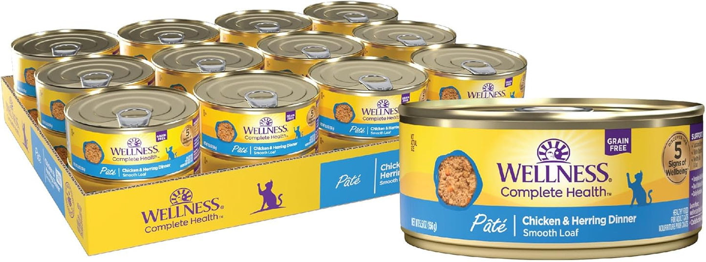 Wellness Complete Health Pate Adult Wet Cat Food, Natural, Protein-Rich, Grain Free, 5.5 Ounce, 24 Pack, (Chicken & Herring)