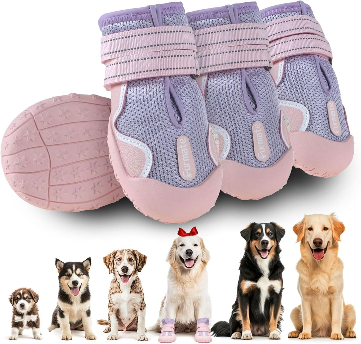 Dog Shoes for Large Small Medium Dogs, Breathable Mesh Dog Boots & Paw Protectors for Summer Hot Pavement Winter Snow, Waterproof Anti-Slip Dog Booties for Hiking Hardwood Floors(Pink-Purple2)