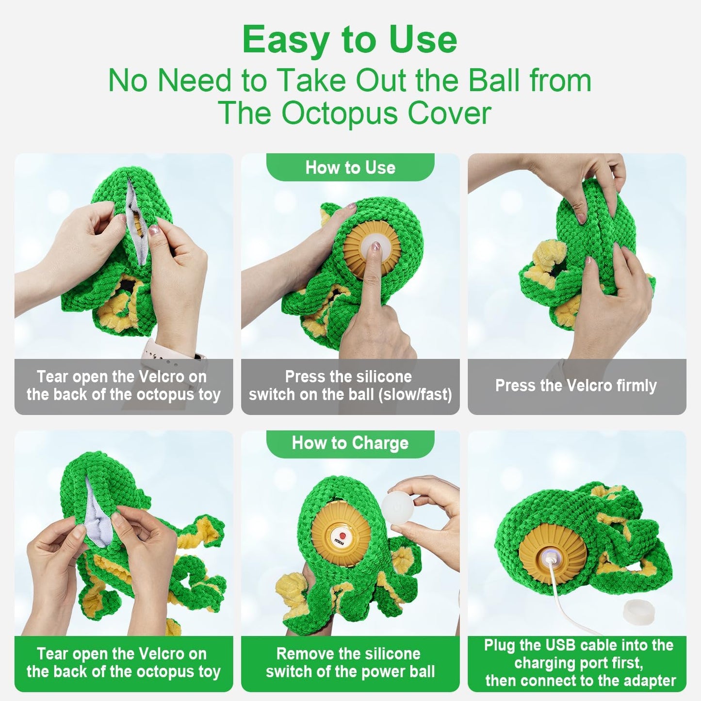 Interactive Dog Toys Octopus,Durable Automatic Jumping Dog Toy to Keep Them Busy,Squeaky Moving Tug of War Doggie Toy,USB Rechargeable Puppy Toys (Green)