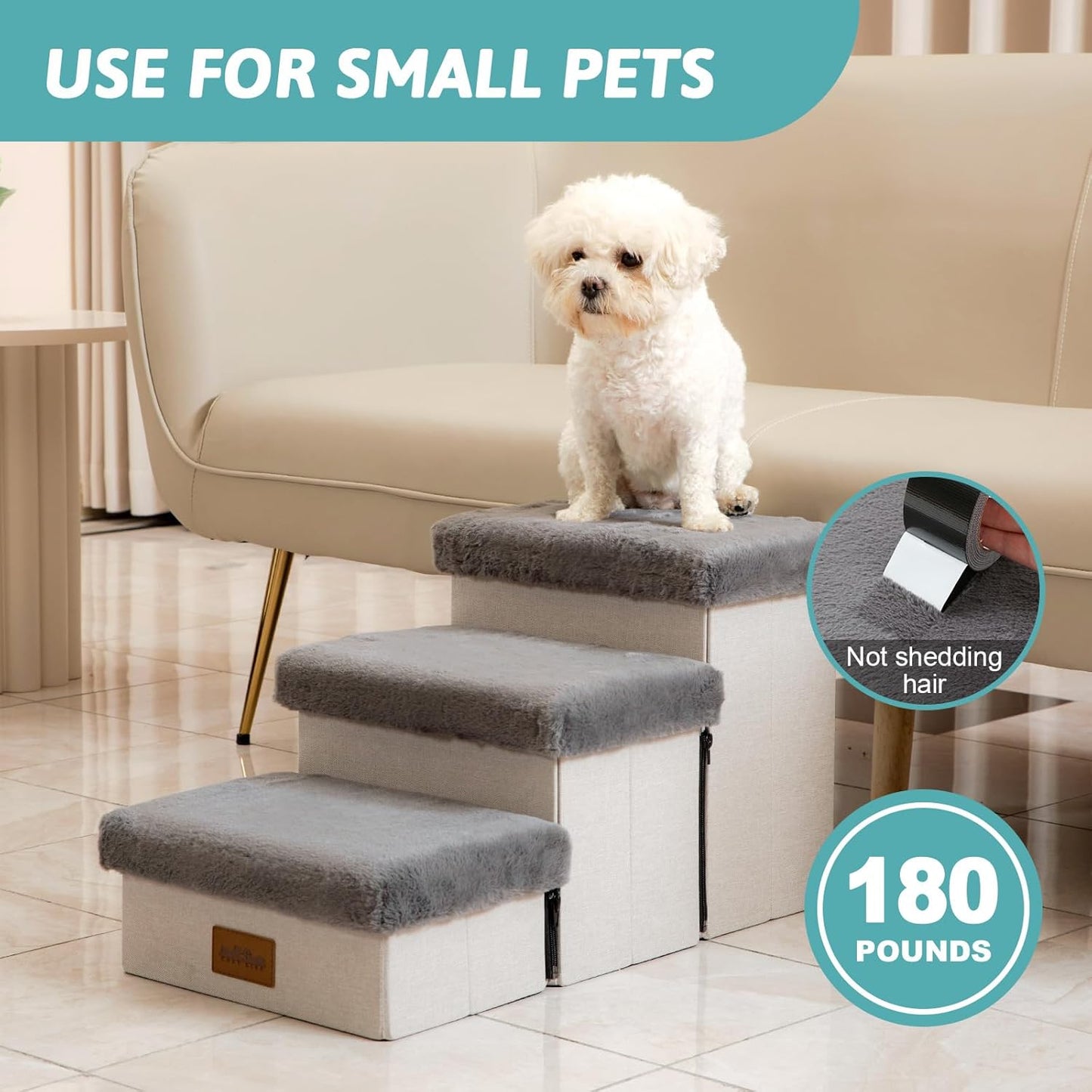 Dog Stair for Small Dogs with Storage, Foldable Pet Step with Soft Cover, Older Cat Ramp for Chair Couch Sofa, Lightweight, Durable, Comfort, 24.8x13x13.6 inch, 3 Tiers, Grey
