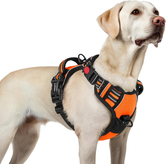 rabbitgoo Dog Harness for Large, No Pull Pet Harness with 3 Buckles, Adjustable Soft Padded Vest with Control Handle, Walking Reflective Pet Vest for Large Dogs, Orange, L