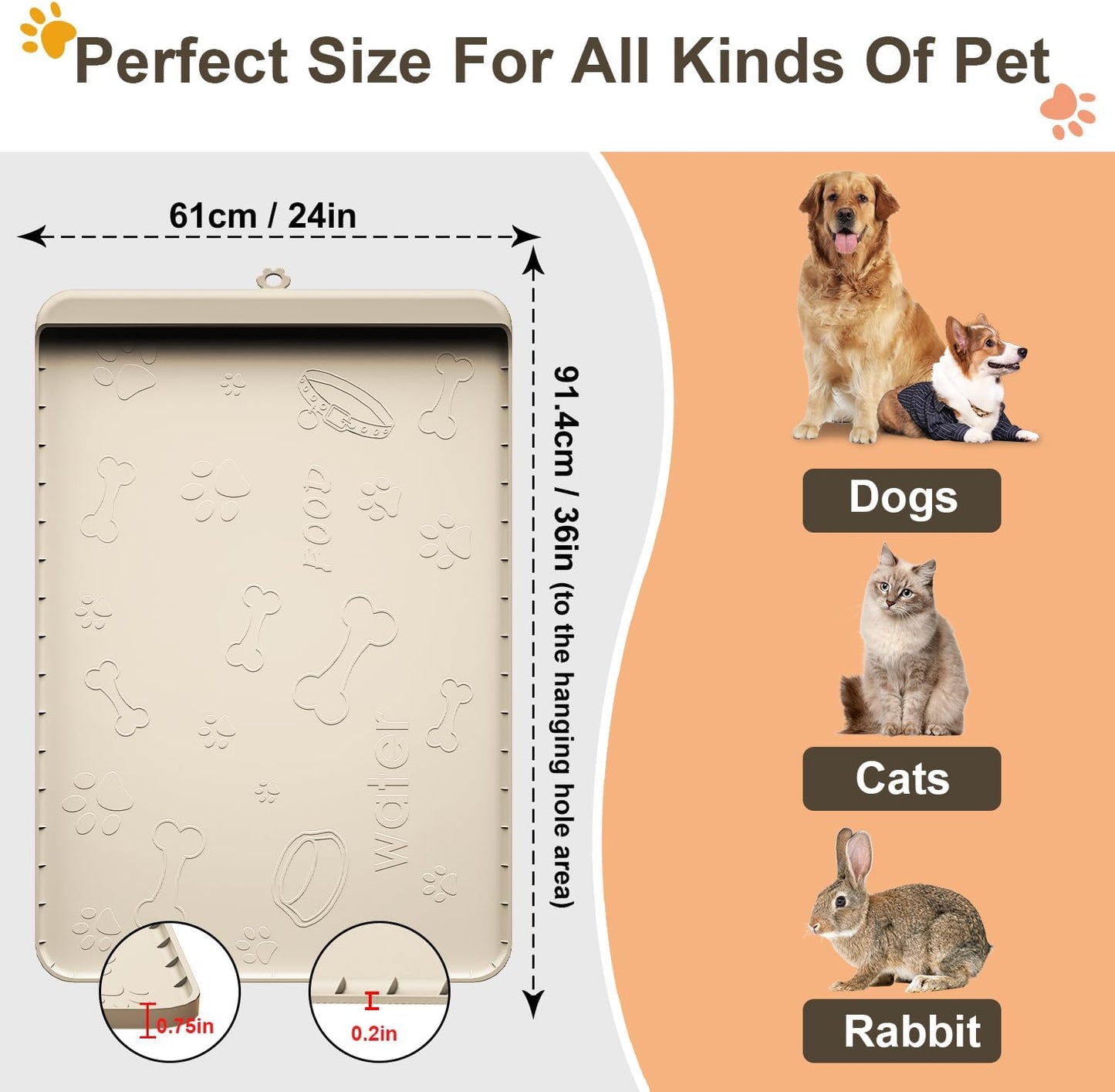 Silicone Dog Feeding Mat - 36" x 24" Large Pet Mat with Residue Collection Pocket and High Edges - Waterproof Mat for Dog and Cat Bowls