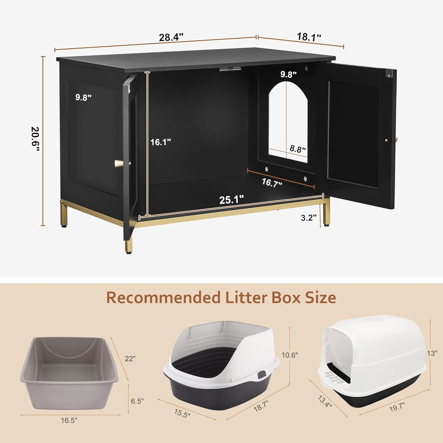 Homhedy Cat Litter Box Enclosure, Cat Washroom Furniture with Metal Frame, Pet House, Fit Most of Litter Box, Modern Style, Black and Gold