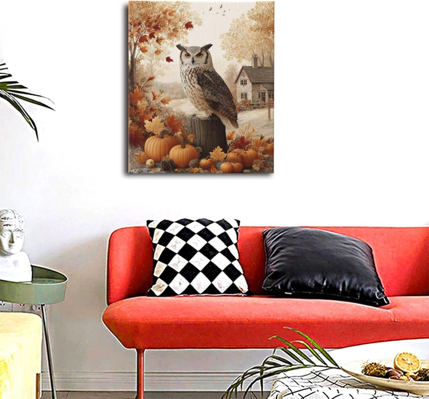 Fall Owl Wall Art Autumn Pumpkin Leaves Wall Decor Rustic Canvas Print Farmhouse Pictures Painting Print Framed Artwork Decorations Gifts for Living Room Bathroom Bedroom Office 20"x24"