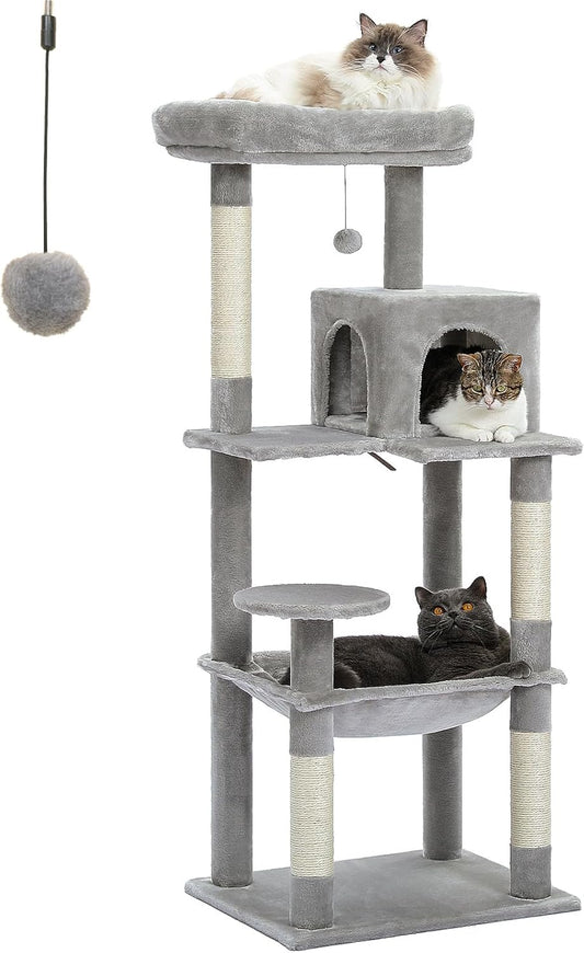 PETEPELA 56.3'' Tall Cat Tree for Indoor Cats, Multi-Level Cat Tower with Super Large Hammock (20''X16''), Sisal Covered Scratching Posts, Cozy Condo and Top Perch Grey