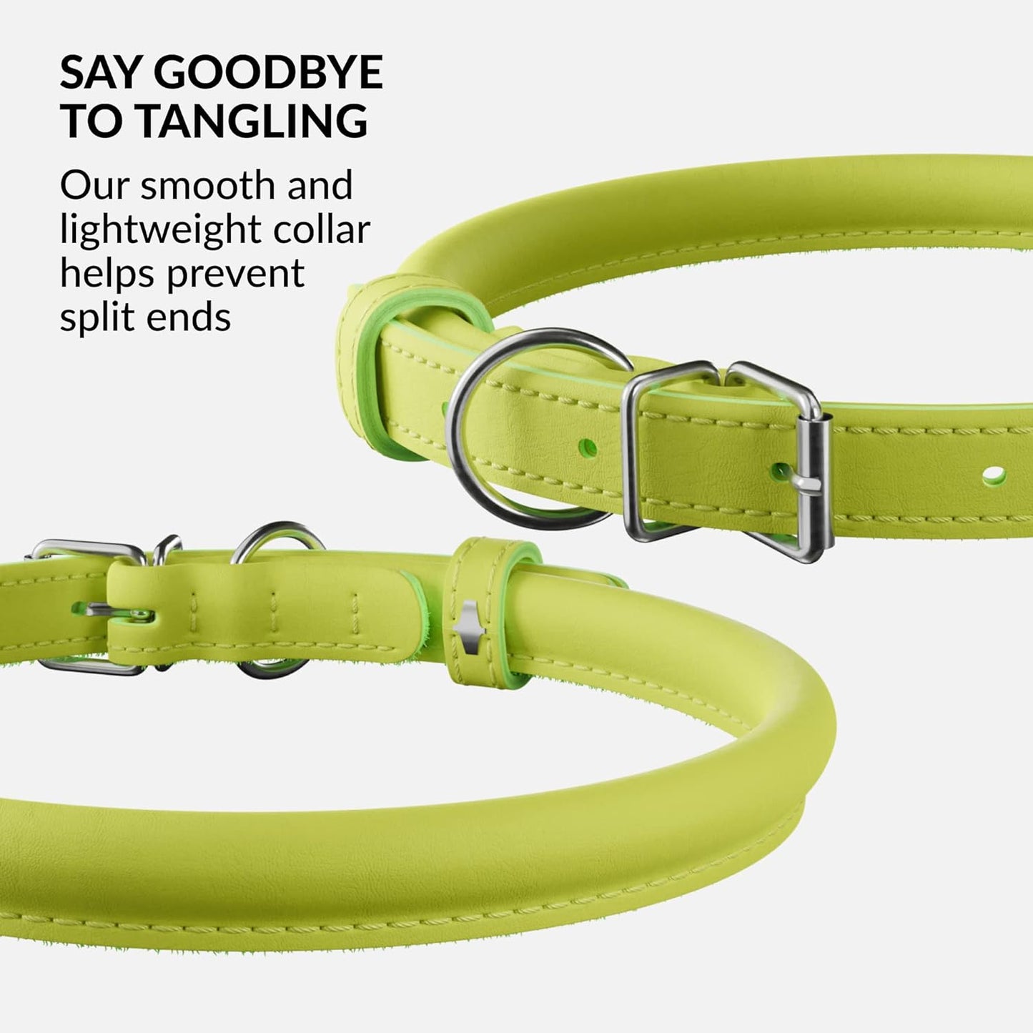 CollarDirect Rolled Leather Dog Collar, Soft Padded Round Puppy Collar, Handmade Genuine Leather Collar Dog Small Large Cat Collars 13 Colors (8-11 Inch, Lime Green Smooth)