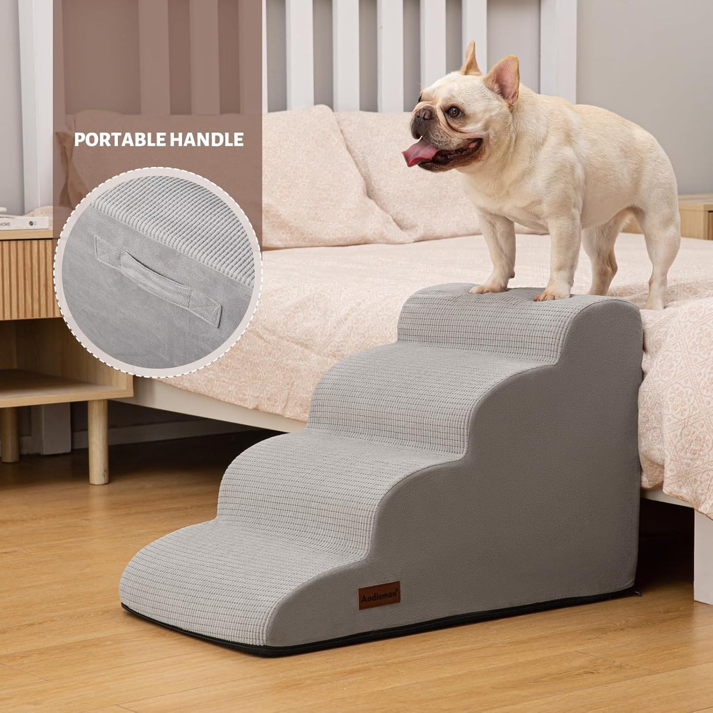 4-Step Dog Stairs and Ramp for Beds or Couches,Non-Slip Sturdy Pet Steps for Small Dogs and Cats,17.4" H,Light Grey
