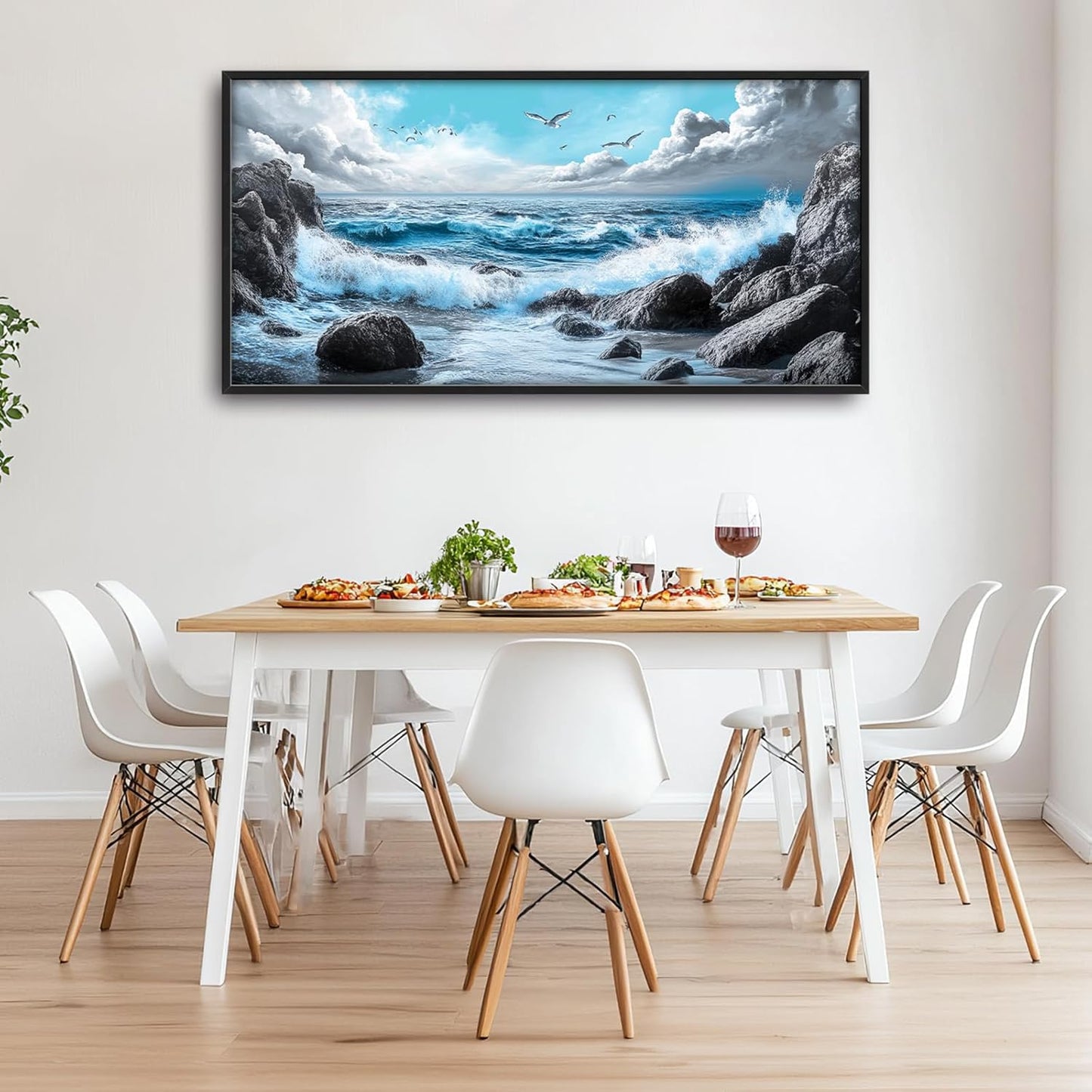 Extra Large Framed Abstract Sea Ocean Wall Art,Black and White Wall Decor, Coastal Seashore Pictures for Living Room,Canvas Print Painting Modern Artwork Bedroom Office Bathroom 60L x 30W
