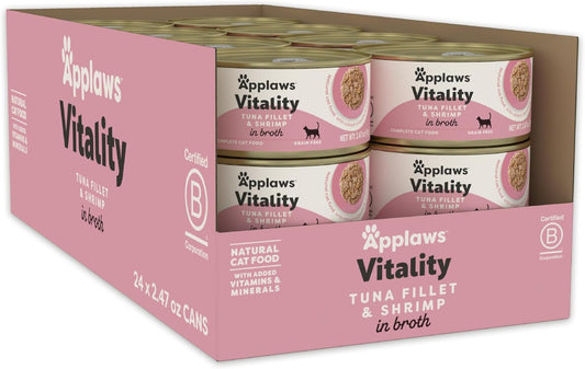 Applaws Vitality Wet Cat Food in Broth, Natural Canned Cat Food, Wet Food for Cats with Added Vitamins and Minerals, Grain and Carrageenan Free, Tuna Fillet & Shrimp in Broth (24 Count, 2.47 oz Cans)